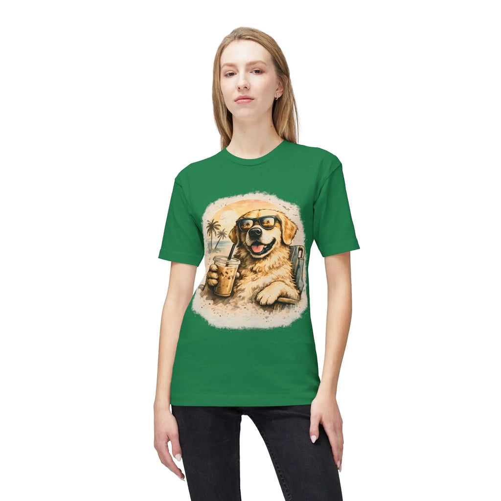 Golden Retriever Beach T-Shirt — Dog with Sunglasses & Drink Printify