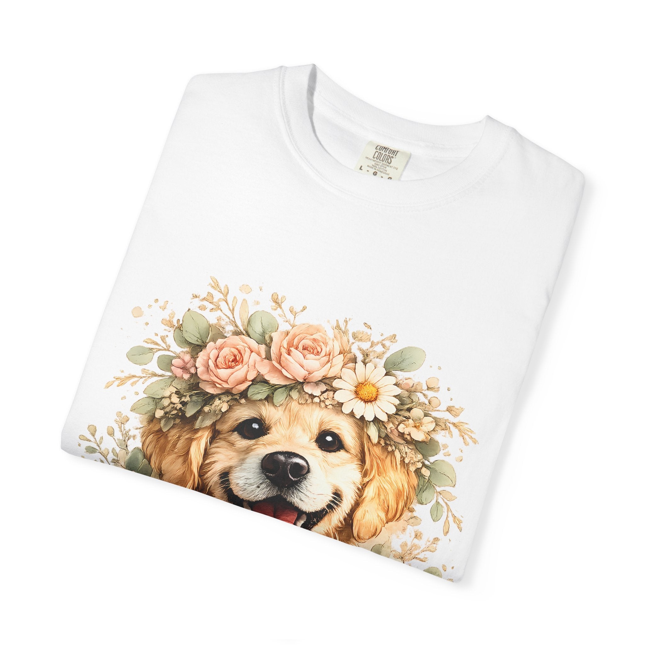 Golden Retriever Floral Crown T-Shirt — Cute Dog Tee for Pet Lovers Printify