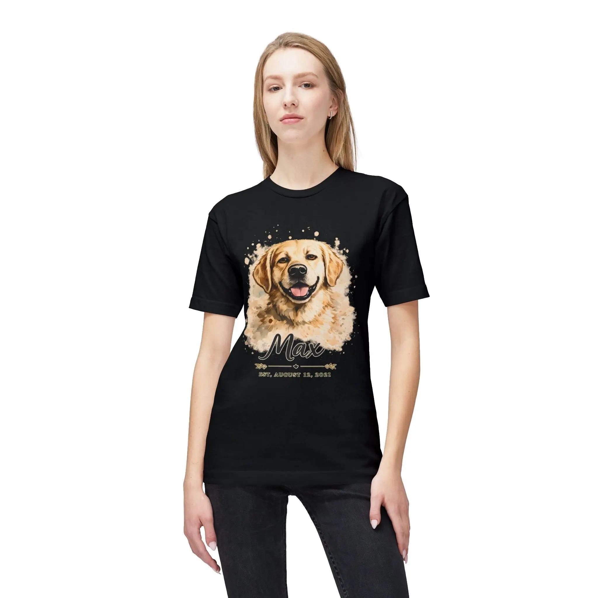 Personalized Dog Portrait Memorial T-Shirt — "Max" Name & Date Printify