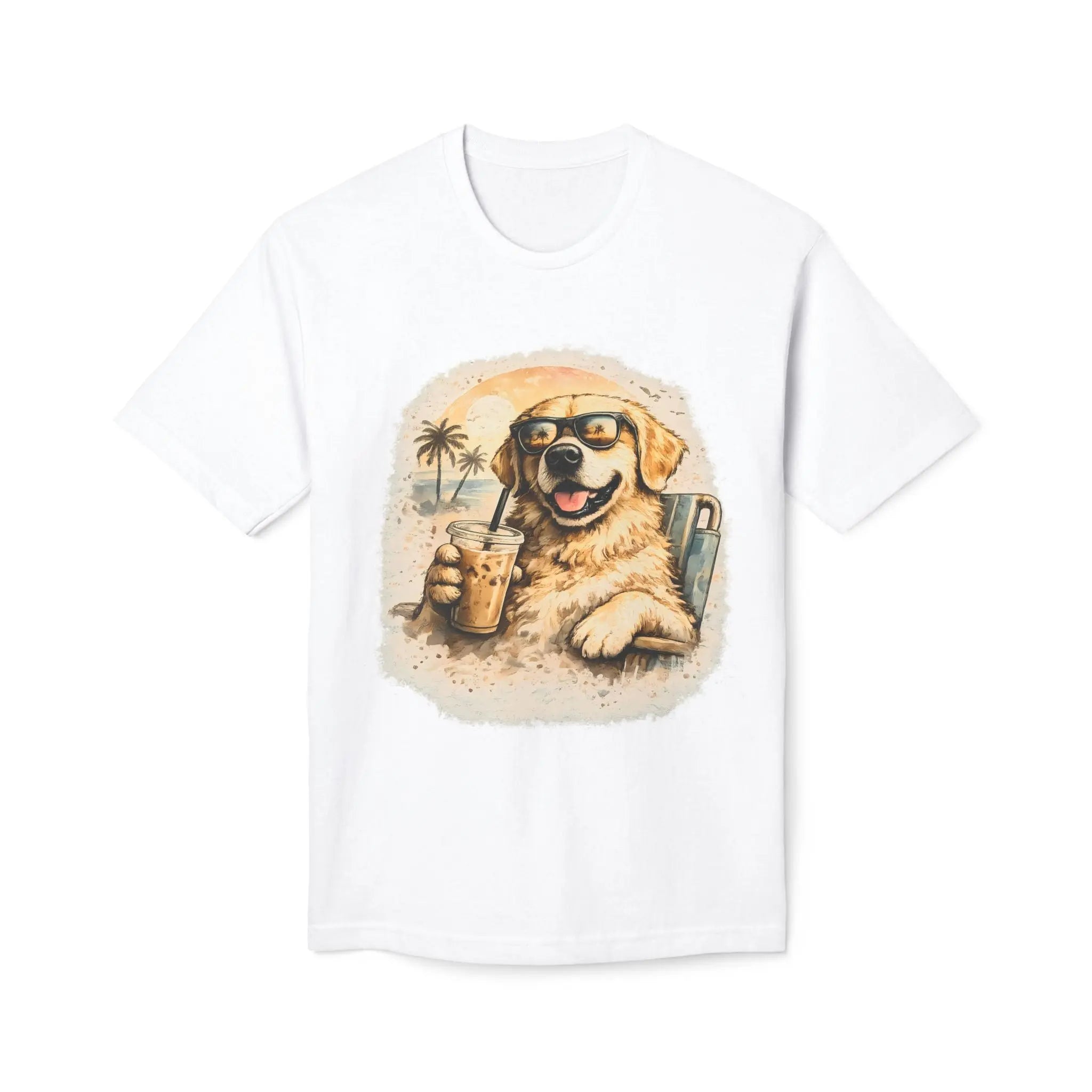 Golden Retriever Beach T-Shirt — Dog with Sunglasses & Drink Printify