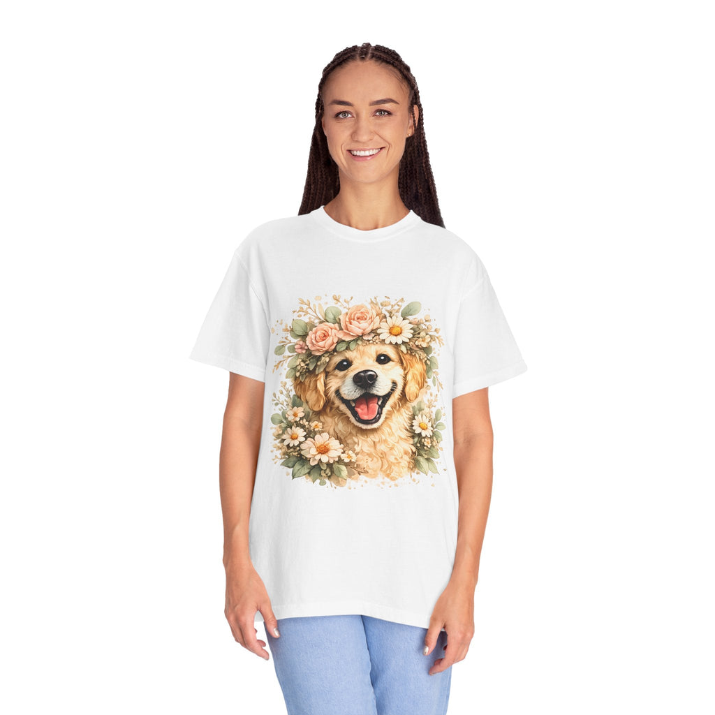 Golden Retriever Floral Crown T-Shirt — Cute Dog Tee for Pet Lovers Printify
