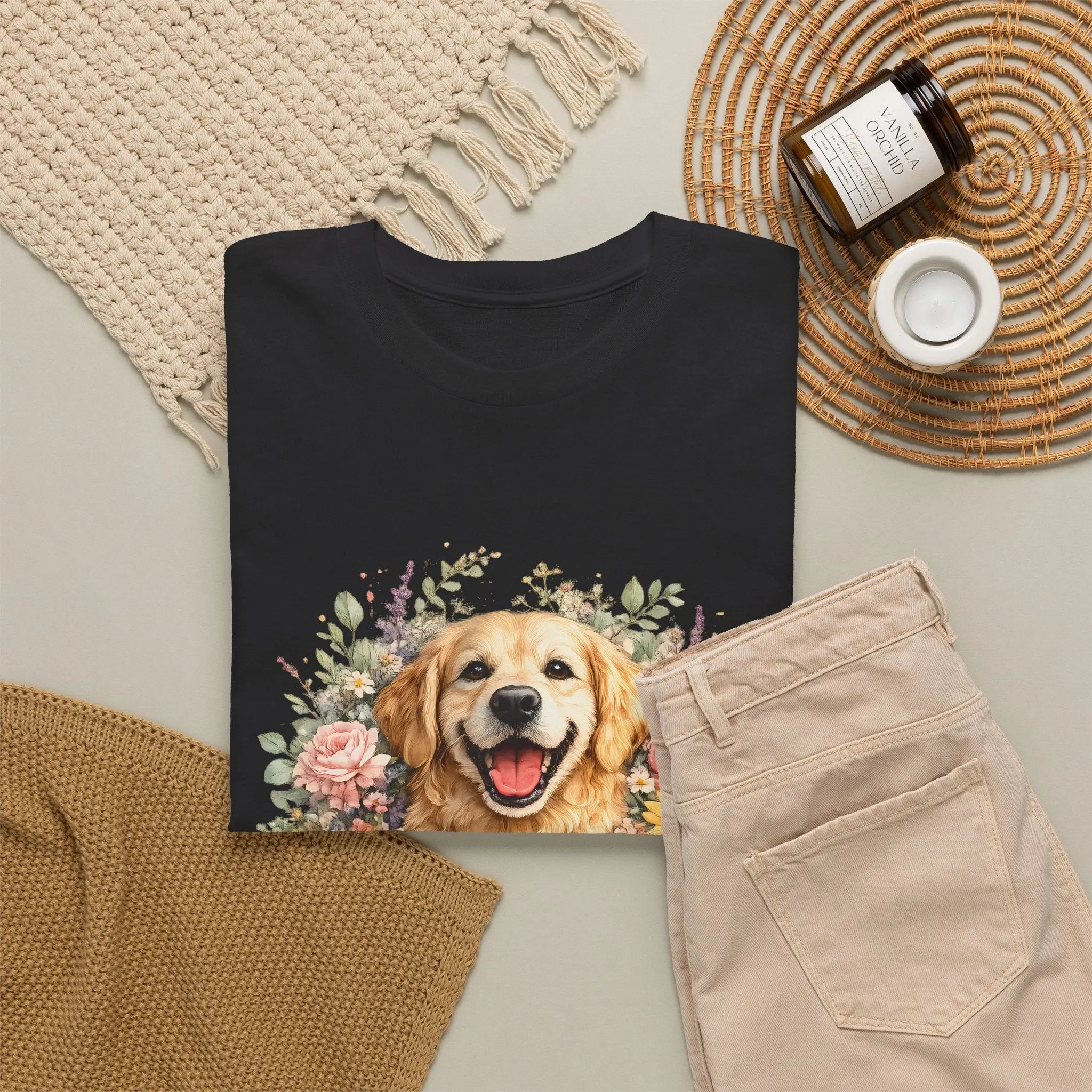 Golden Retriever Floral Tee — Happy Dog with Sunflowers & Roses Printify