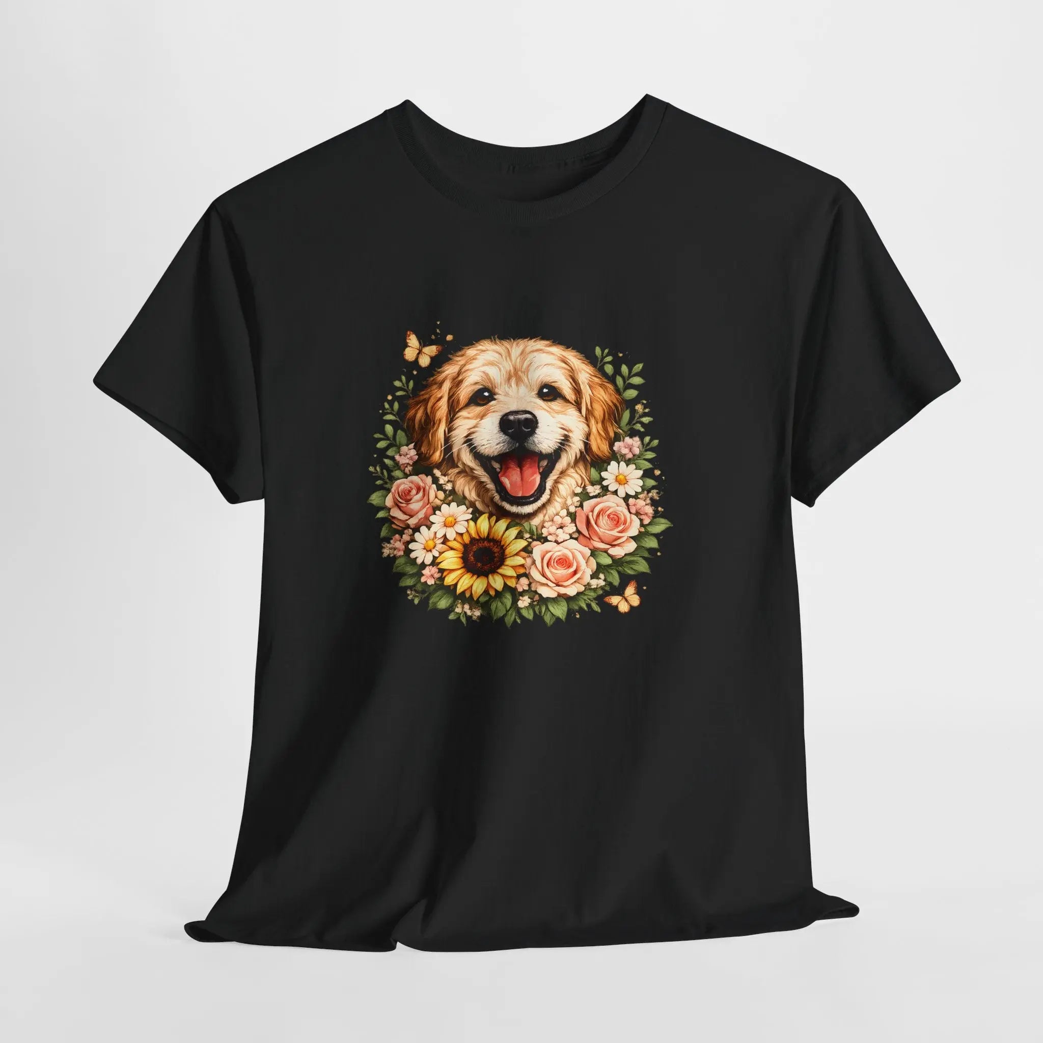 Golden Retriever Floral Tee — Happy Dog with Sunflowers Graphic T-Shirt Printify