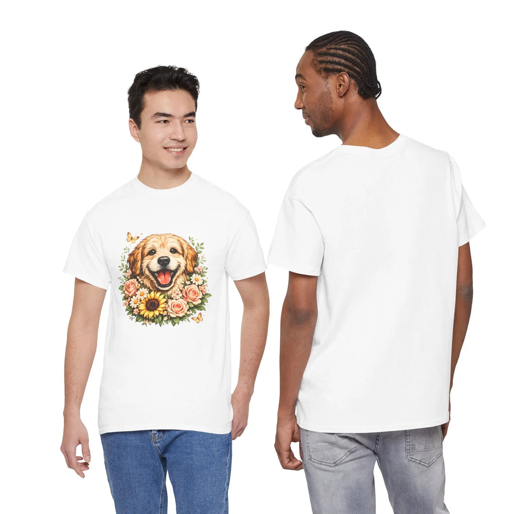 Golden Retriever Floral Tee — Happy Dog with Sunflowers Graphic T-Shirt Printify