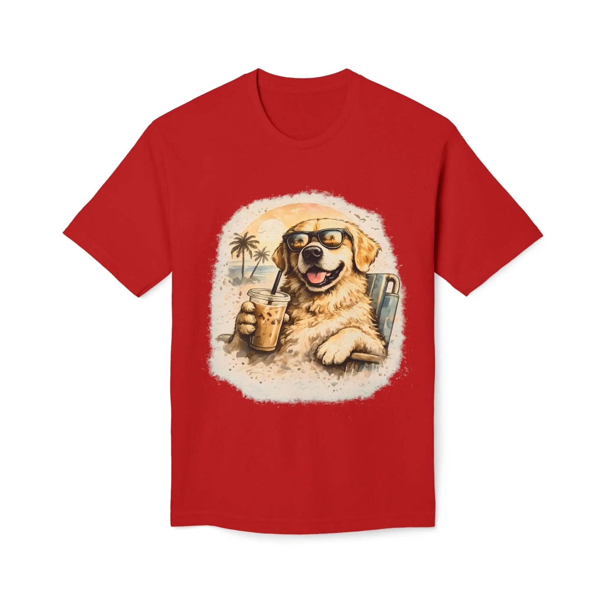 Golden Retriever Beach T-Shirt — Dog with Sunglasses & Drink Printify