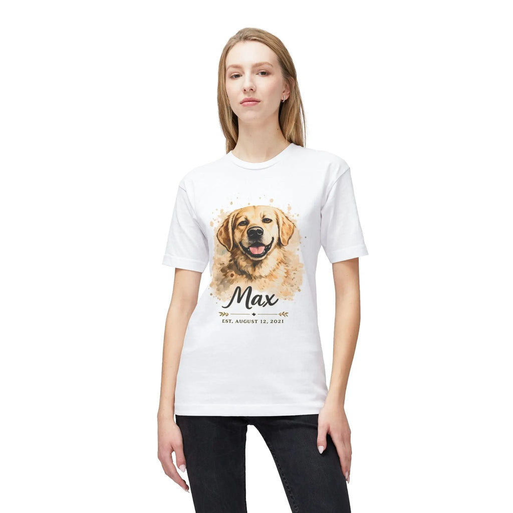 Personalized Dog Portrait Memorial T-Shirt — "Max" Name & Date Printify
