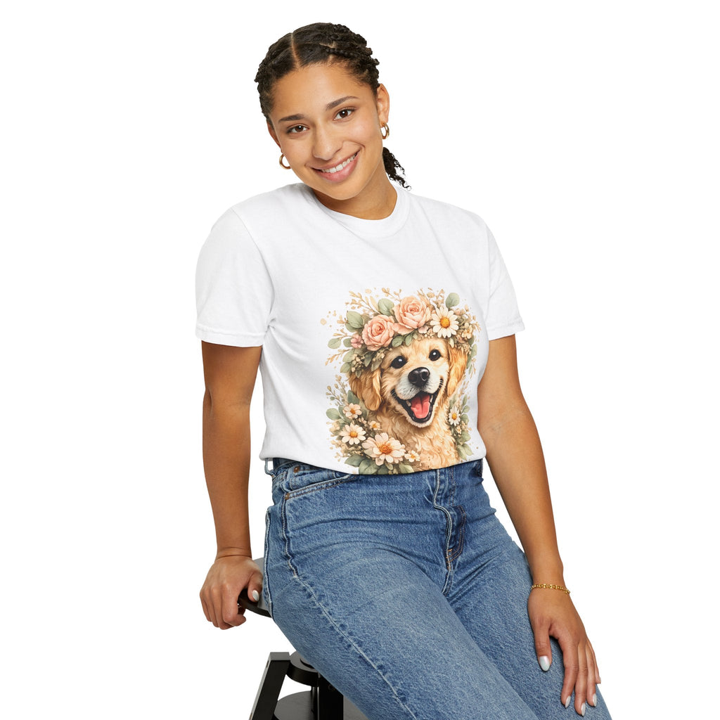 Golden Retriever Floral Crown T-Shirt — Cute Dog Tee for Pet Lovers Printify