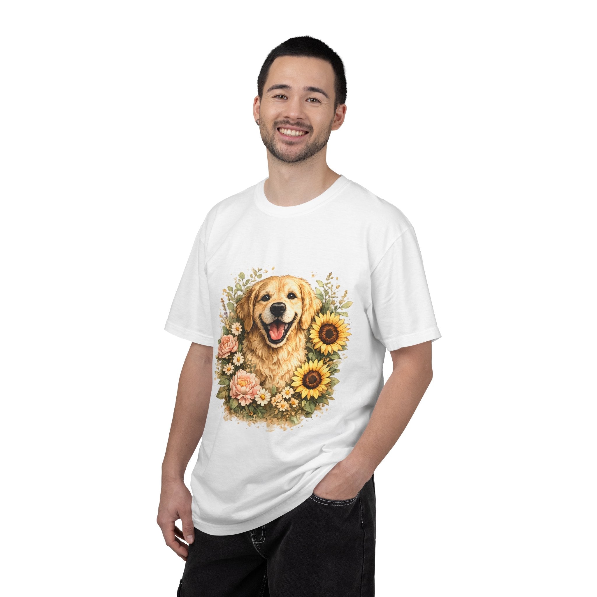 Golden Retriever Sunflower T-Shirt — Happy Dog Floral Tee Printify