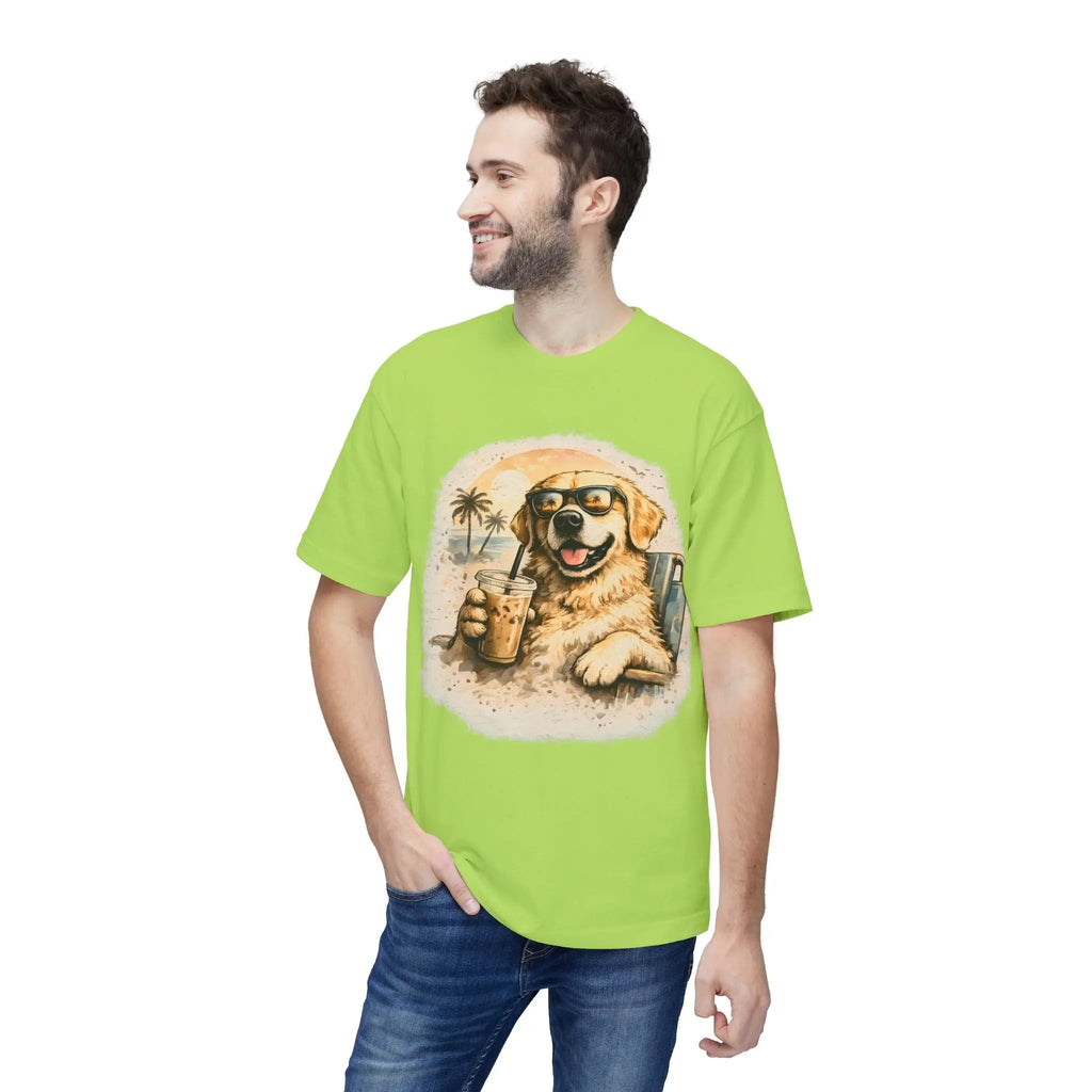 Golden Retriever Beach T-Shirt — Dog with Sunglasses & Drink Printify