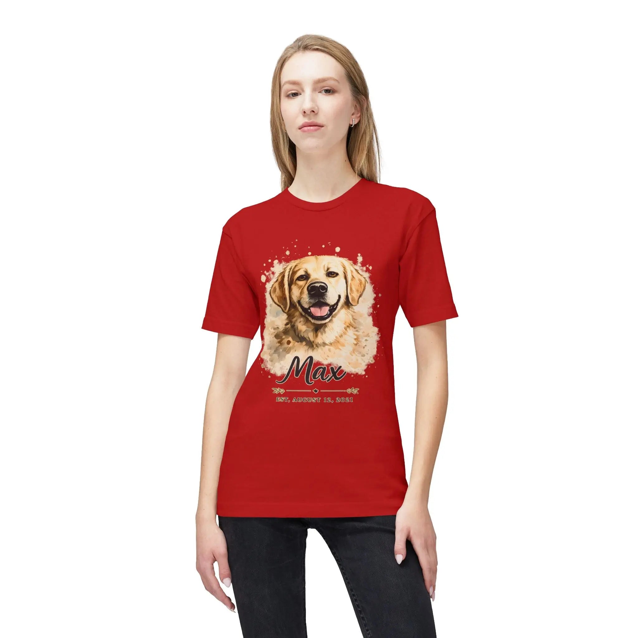 Personalized Dog Portrait Memorial T-Shirt — "Max" Name & Date Printify