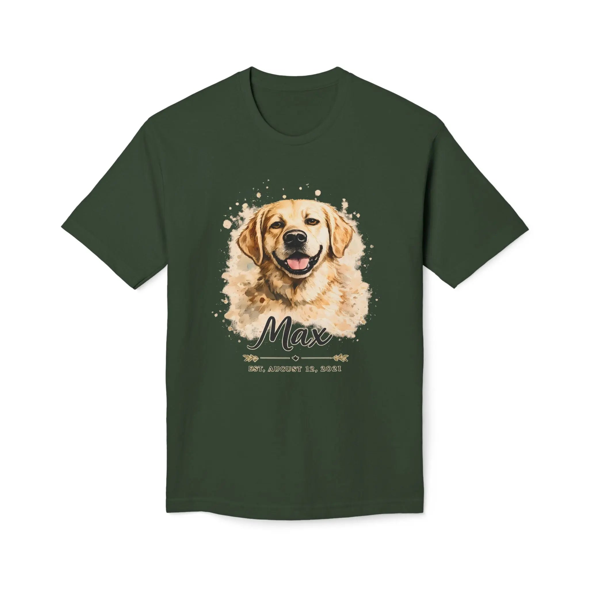 Personalized Dog Portrait Memorial T-Shirt — "Max" Name & Date Printify