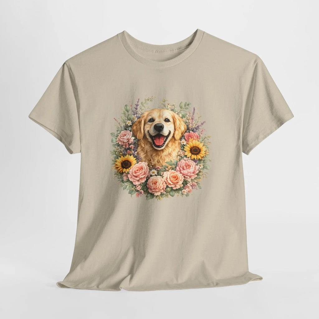 Golden Retriever Floral Tee — Happy Dog with Sunflowers & Roses Printify