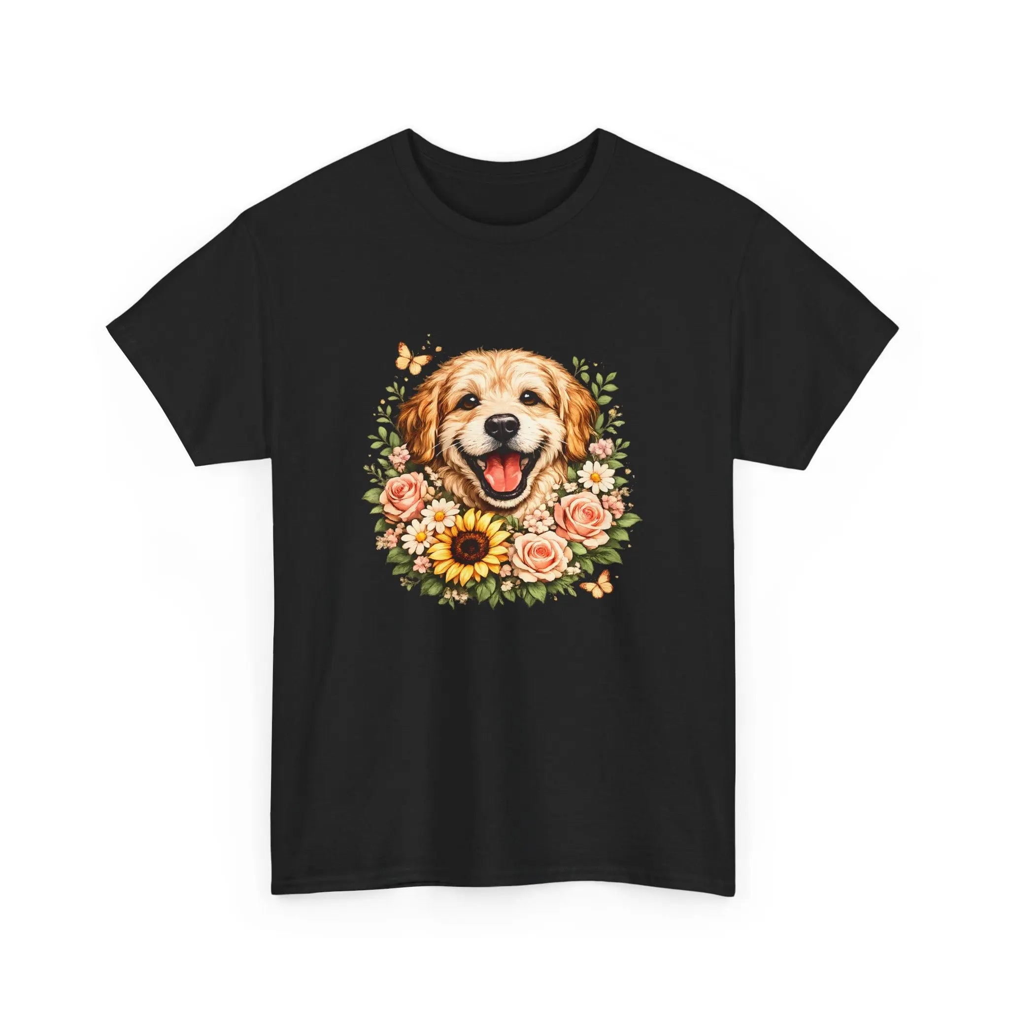 Golden Retriever Floral Tee — Happy Dog with Sunflowers Graphic T-Shirt Printify