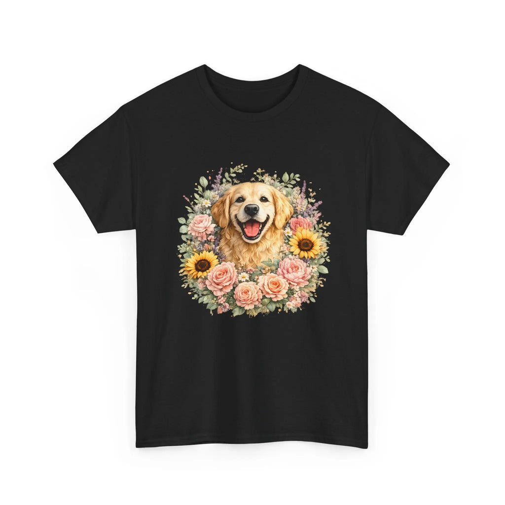 Golden Retriever Floral Tee — Happy Dog with Sunflowers & Roses Printify