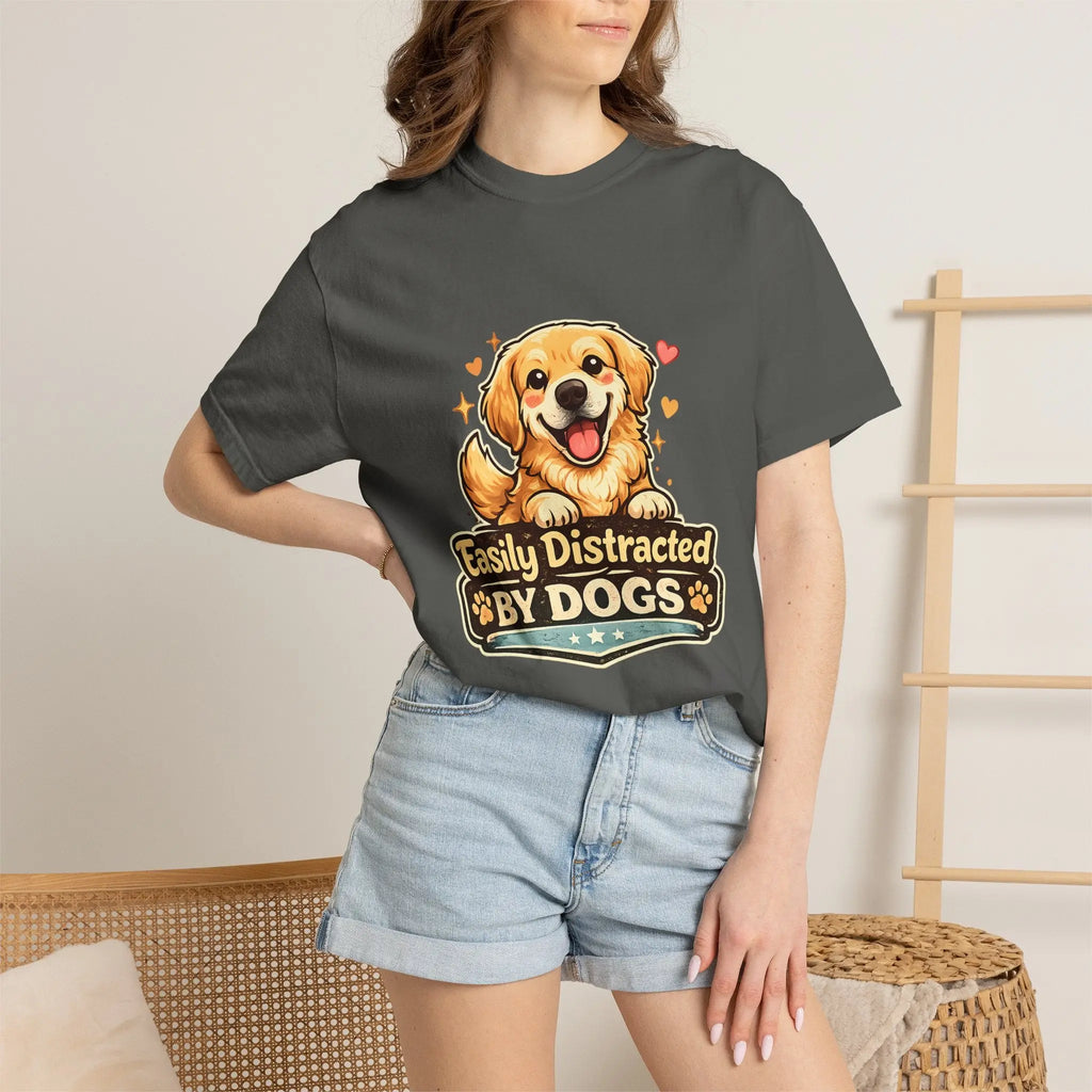 Dog Lover T-Shirt - "Easily Distracted By Dogs" Cute Golden Retriever Tee
