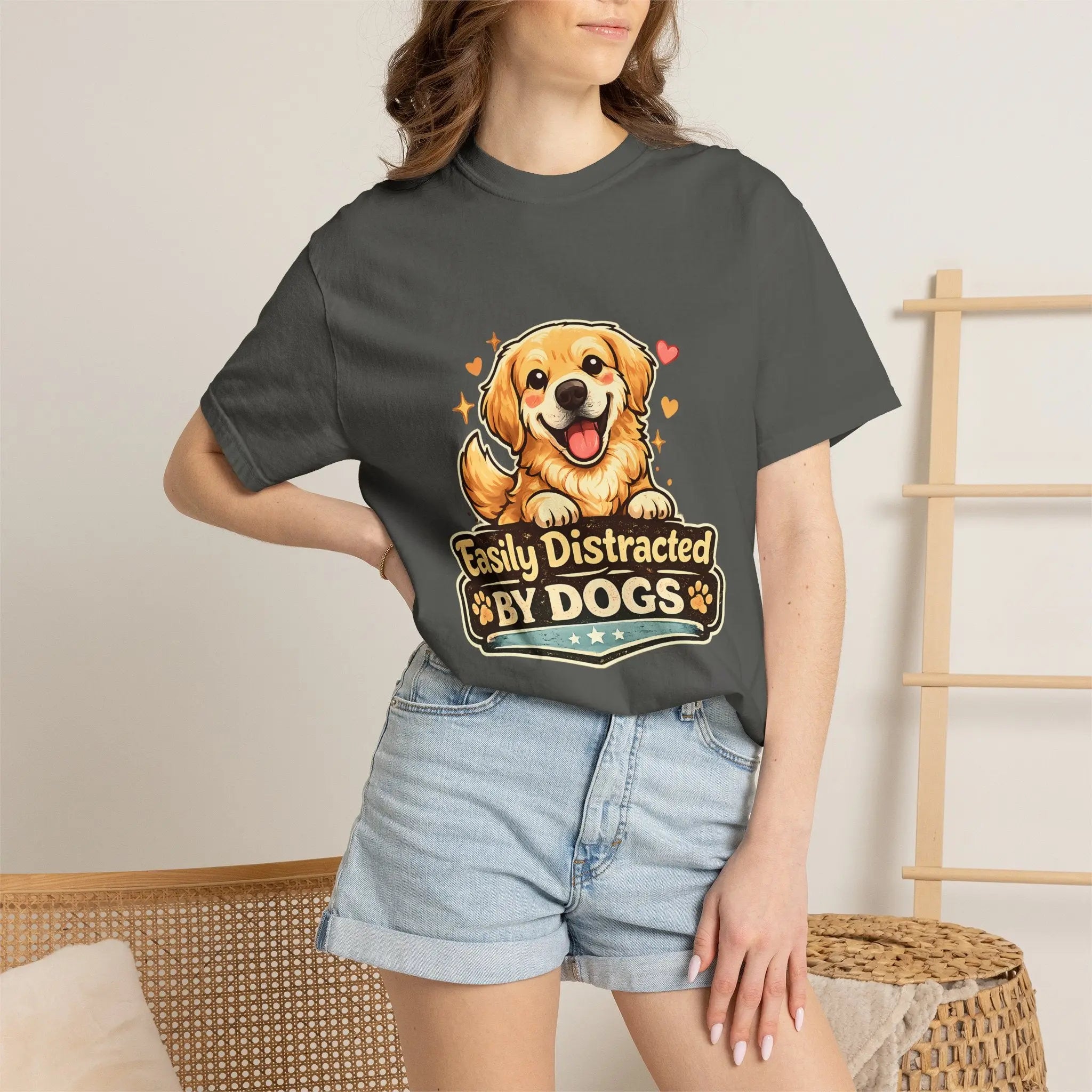 Dog Lover T-Shirt - "Easily Distracted By Dogs" Cute Golden Retriever Tee