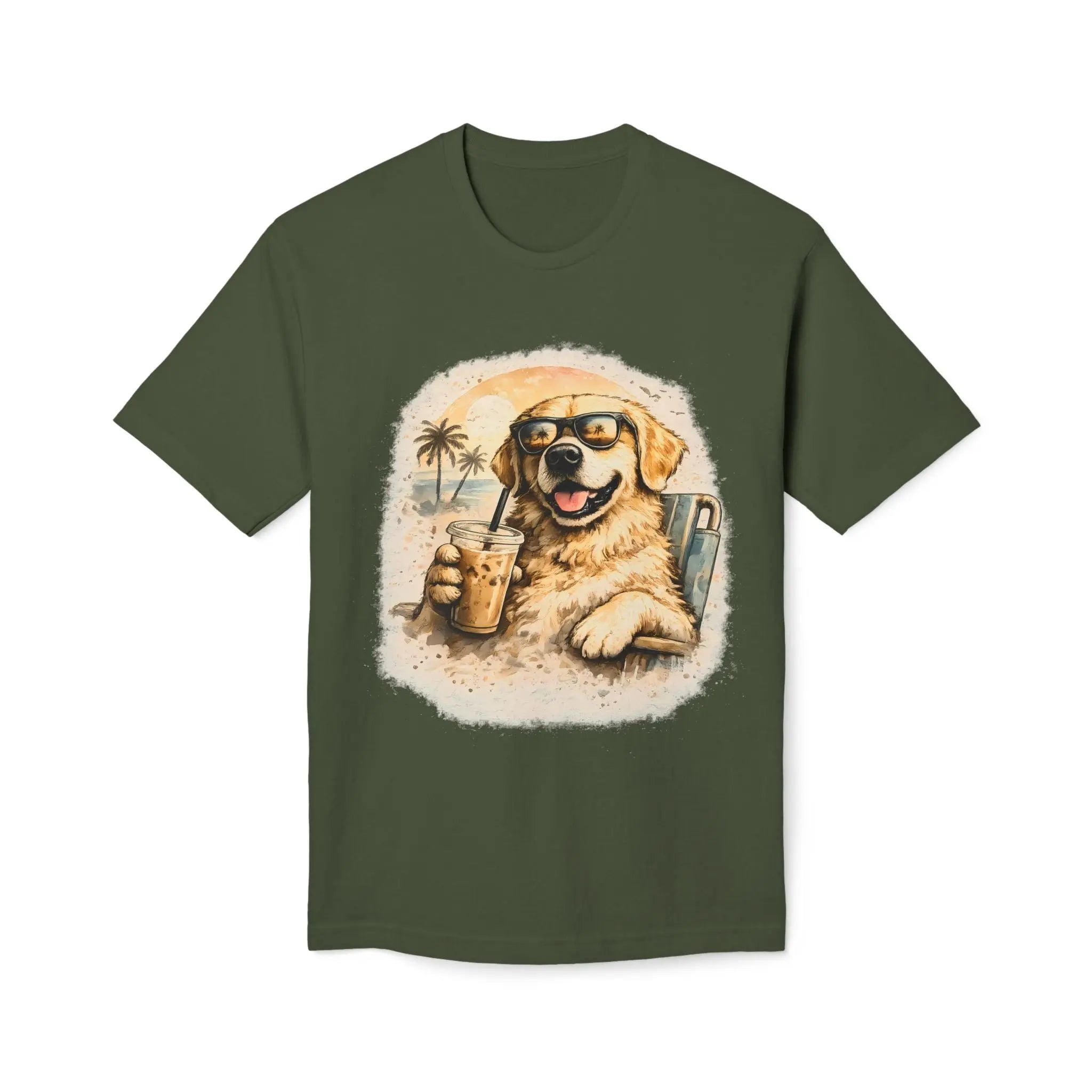 Golden Retriever Beach T-Shirt — Dog with Sunglasses & Drink Printify
