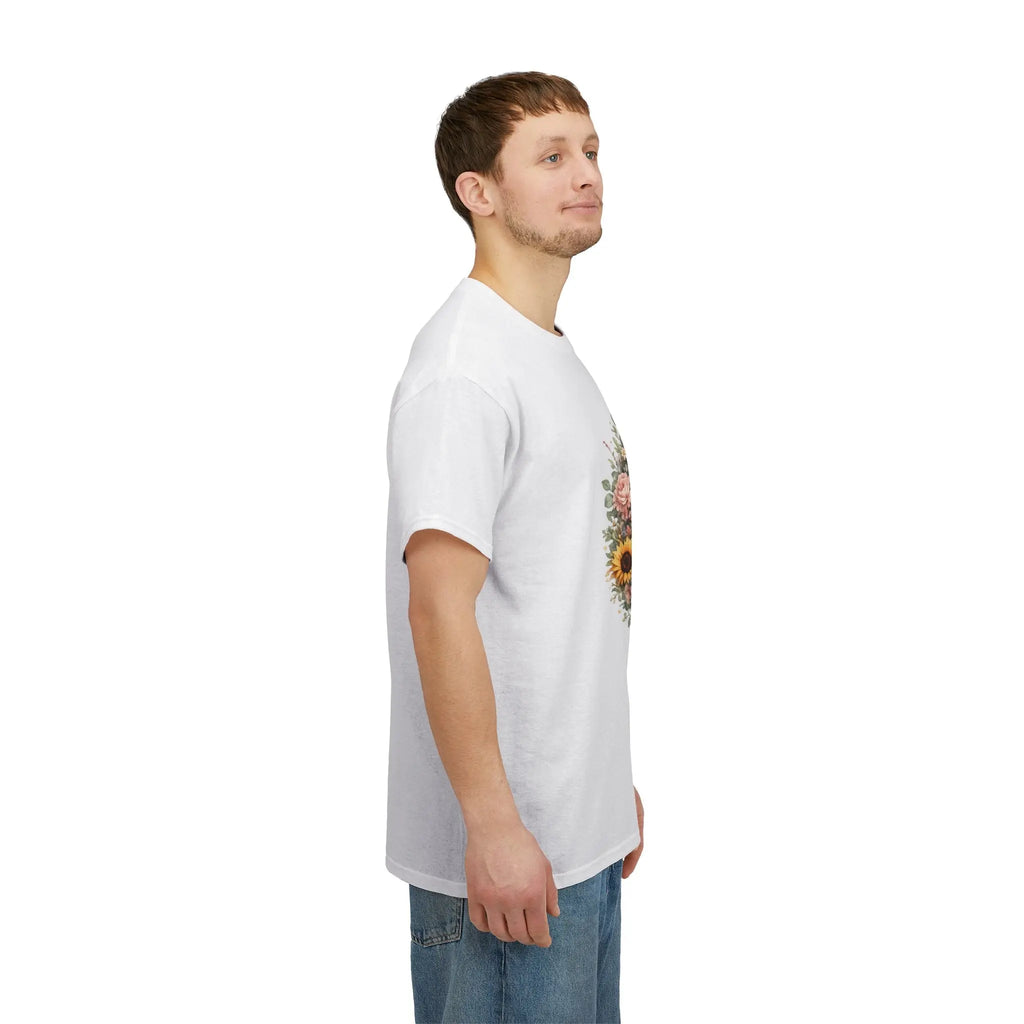 Golden Retriever Floral Tee — Happy Dog with Sunflowers & Roses Printify