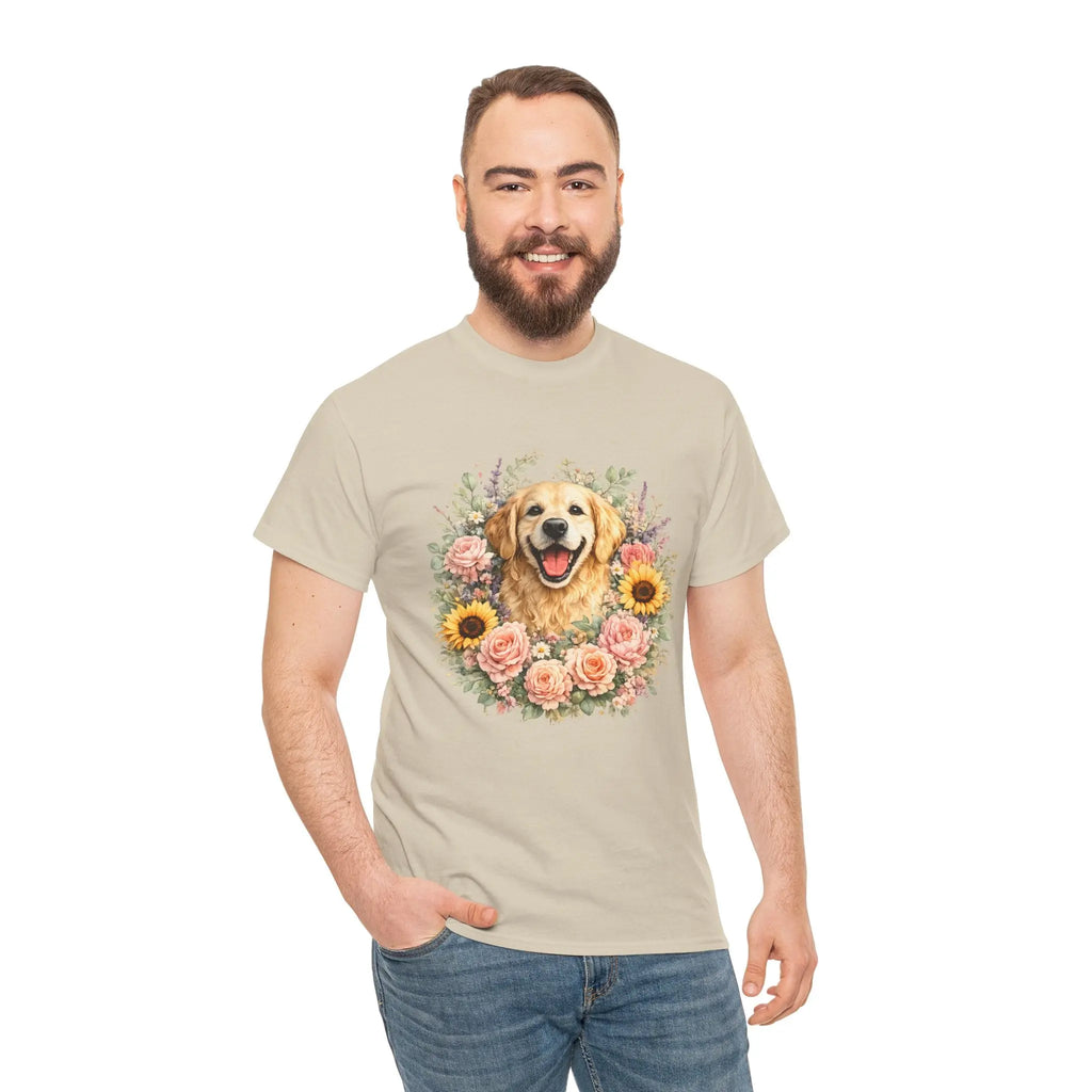 Golden Retriever Floral Tee — Happy Dog with Sunflowers & Roses Printify