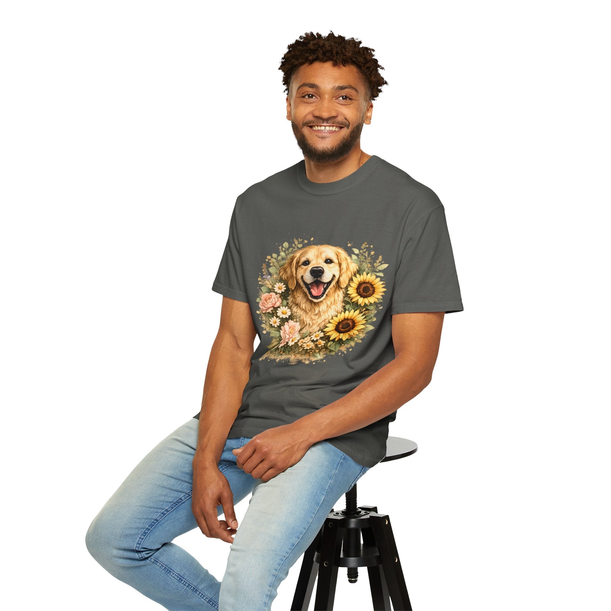Golden Retriever Sunflower T-Shirt — Happy Dog Floral Tee Printify