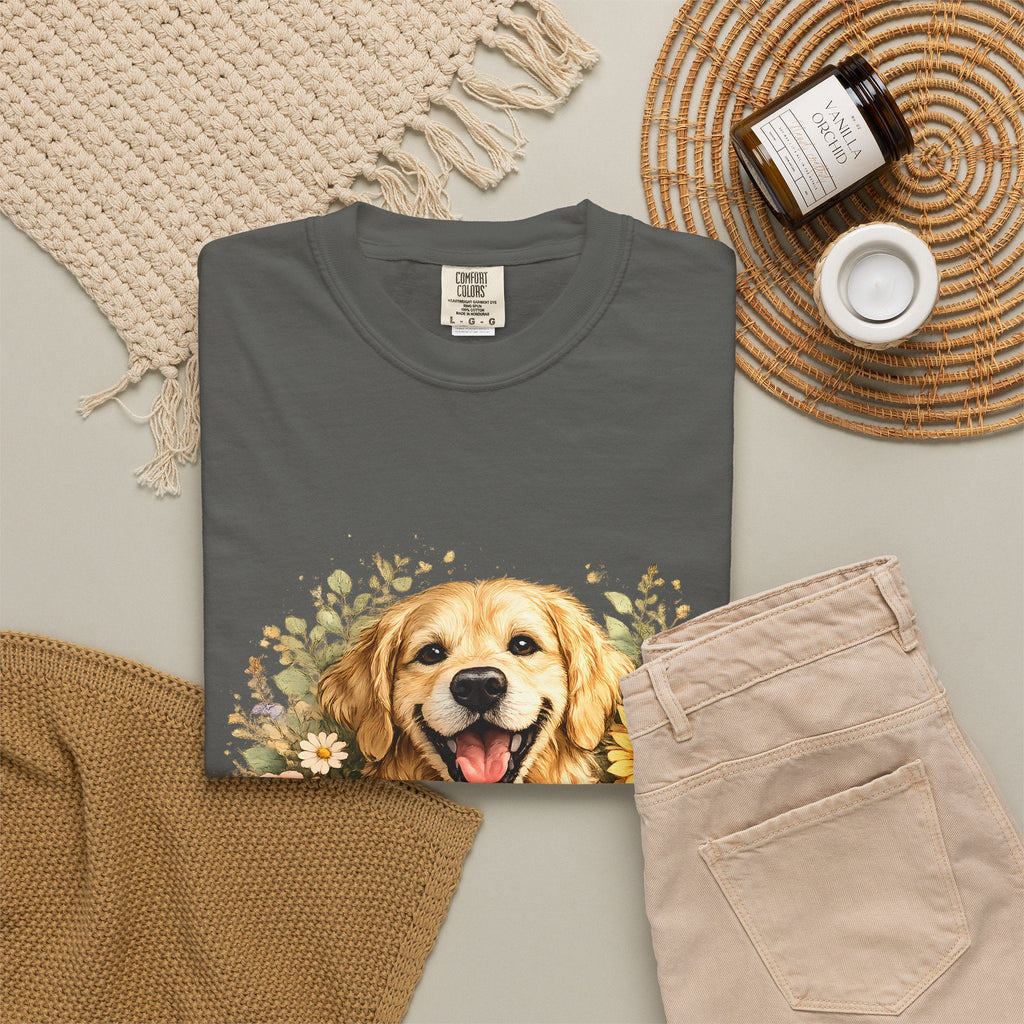 Golden Retriever Sunflower T-Shirt — Happy Dog Floral Tee Printify