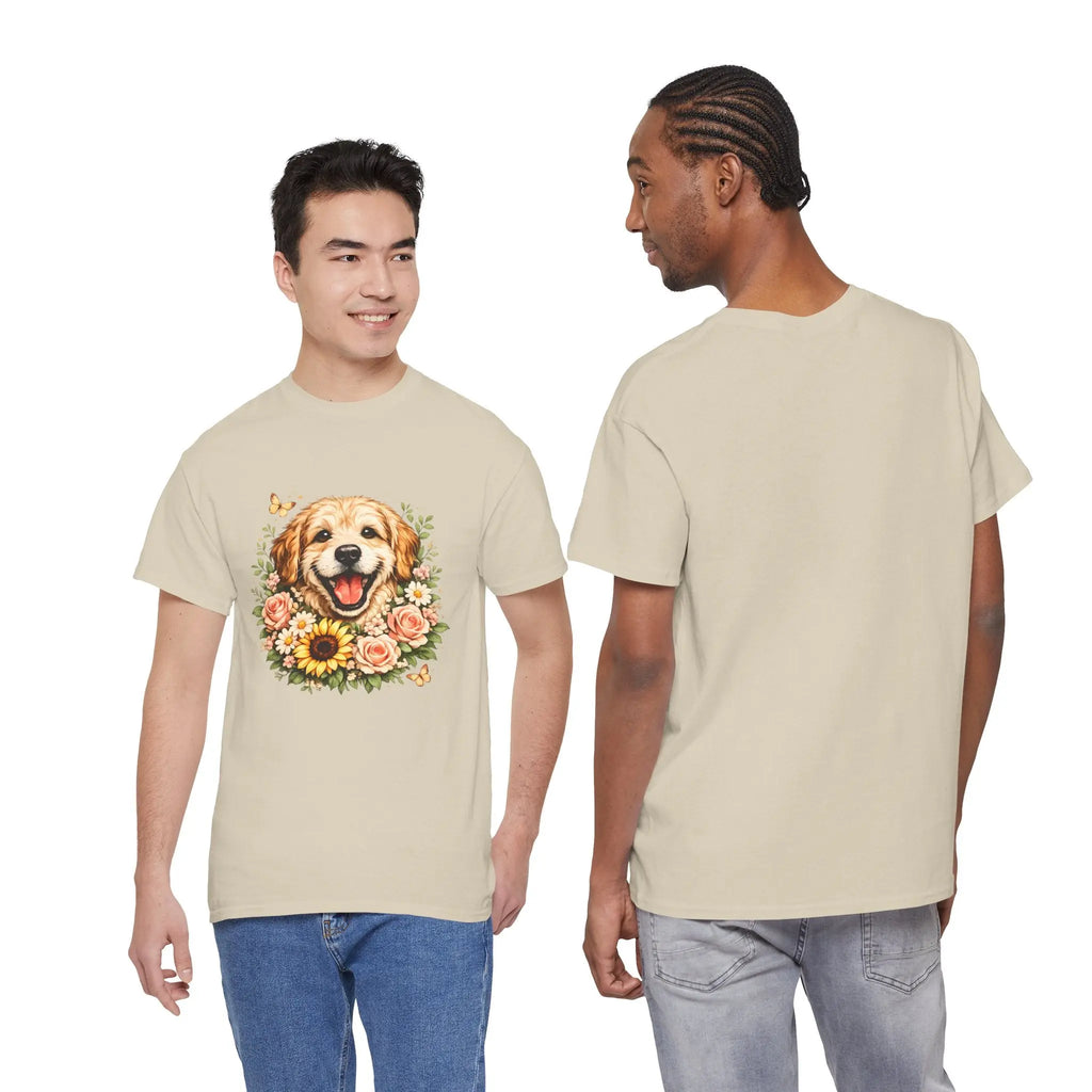Golden Retriever Floral Tee — Happy Dog with Sunflowers Graphic T-Shirt Printify