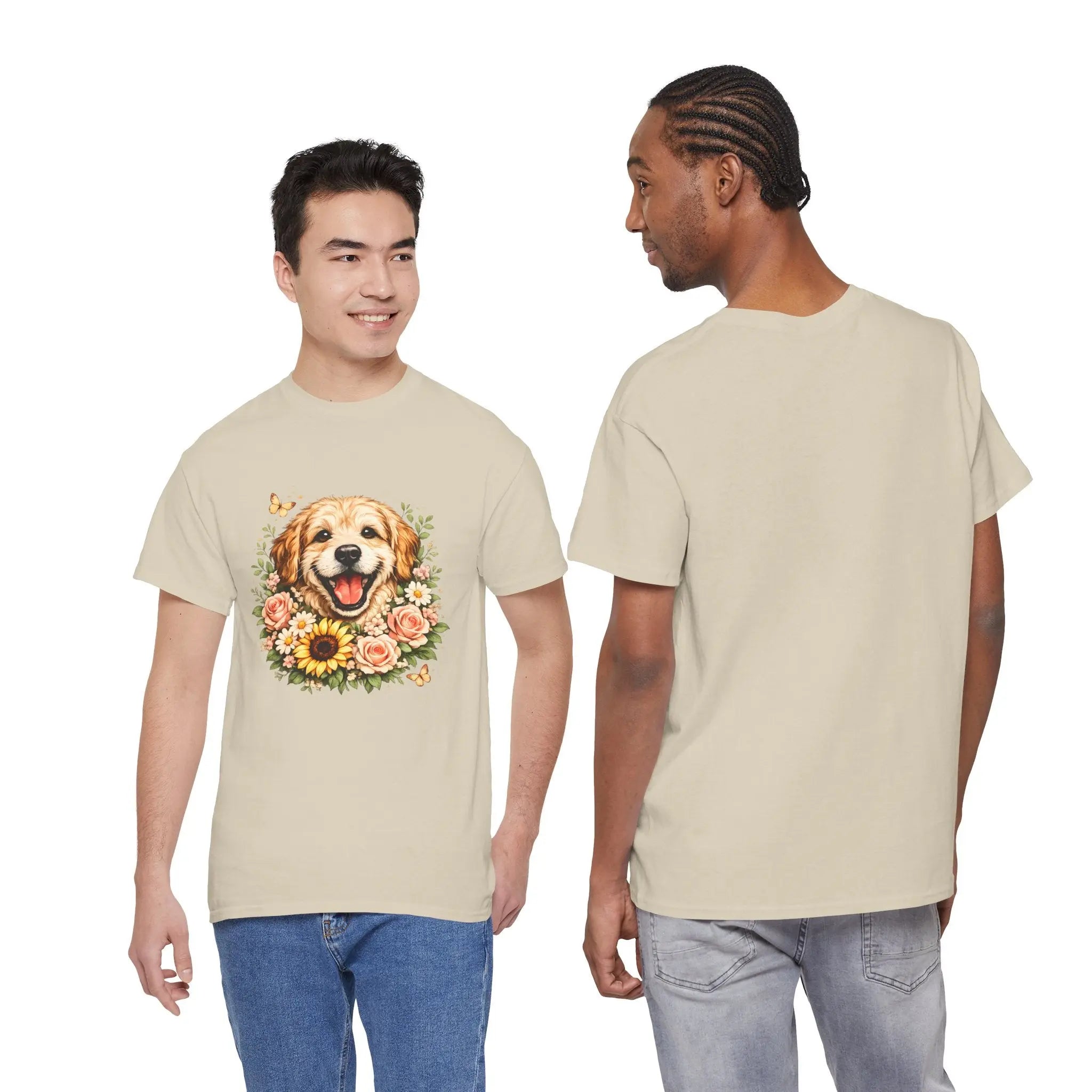 Golden Retriever Floral Tee — Happy Dog with Sunflowers Graphic T-Shirt Printify