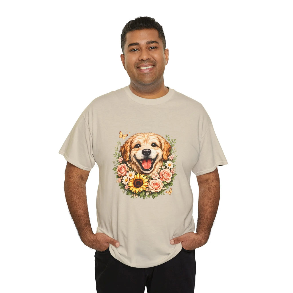 Golden Retriever Floral Tee — Happy Dog with Sunflowers Graphic T-Shirt Printify