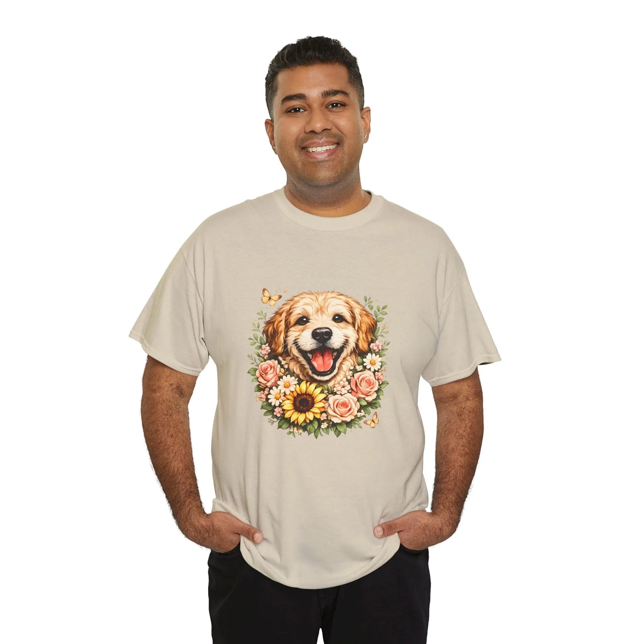 Golden Retriever Floral Tee — Happy Dog with Sunflowers Graphic T-Shirt Printify
