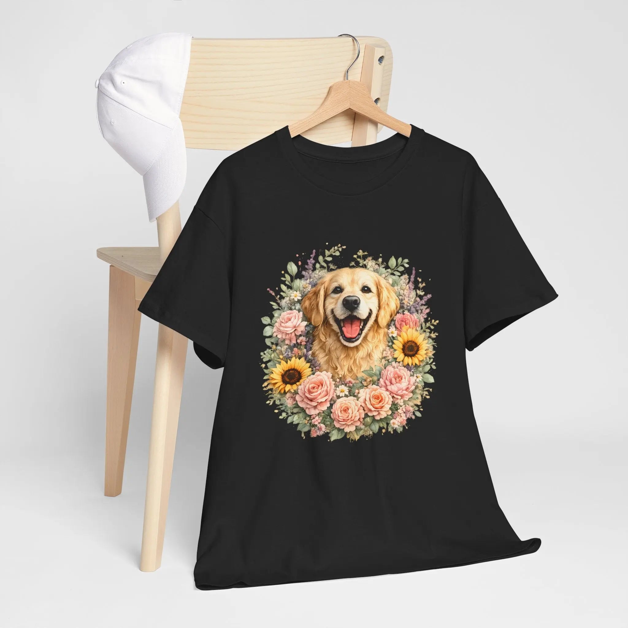 Golden Retriever Floral Tee — Happy Dog with Sunflowers & Roses Printify