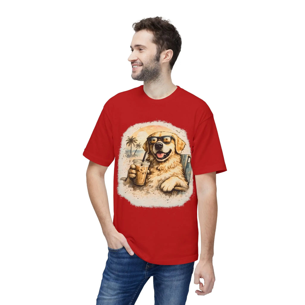 Golden Retriever Beach T-Shirt — Dog with Sunglasses & Drink Printify
