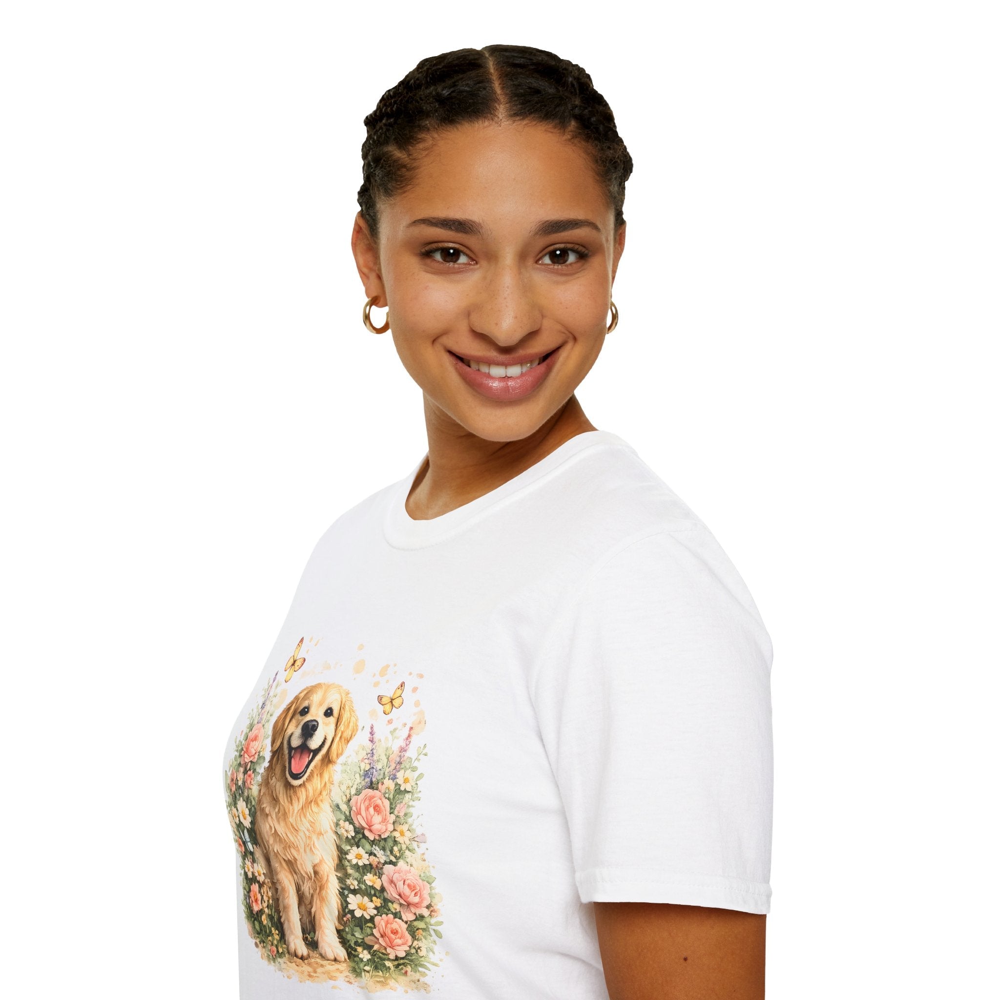 Golden Retriever Floral T-Shirt — Cute Dog with Butterflies Design Printify