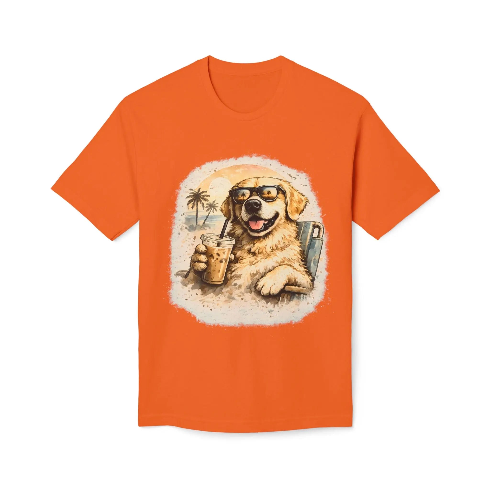 Golden Retriever Beach T-Shirt — Dog with Sunglasses & Drink Printify