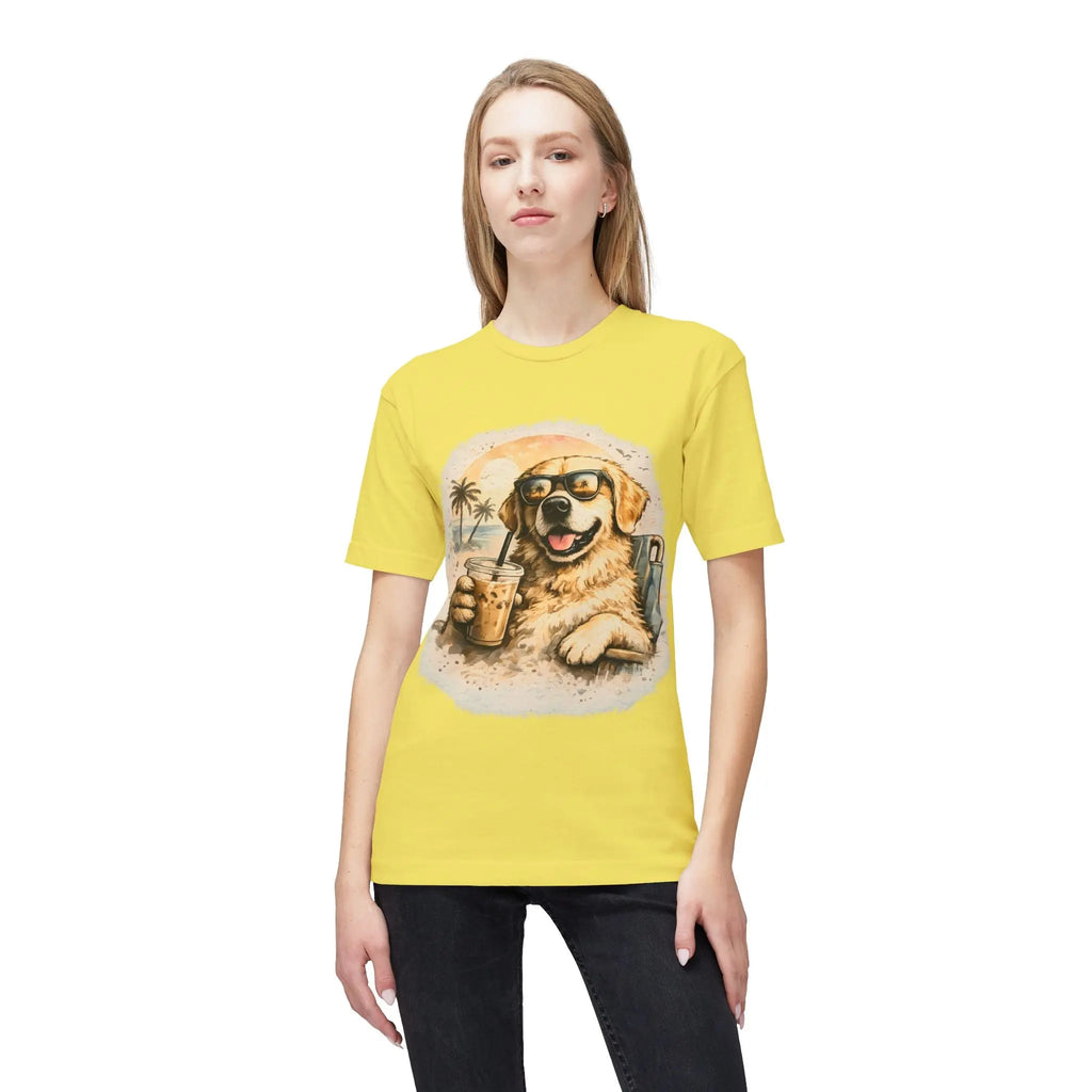 Golden Retriever Beach T-Shirt — Dog with Sunglasses & Drink Printify