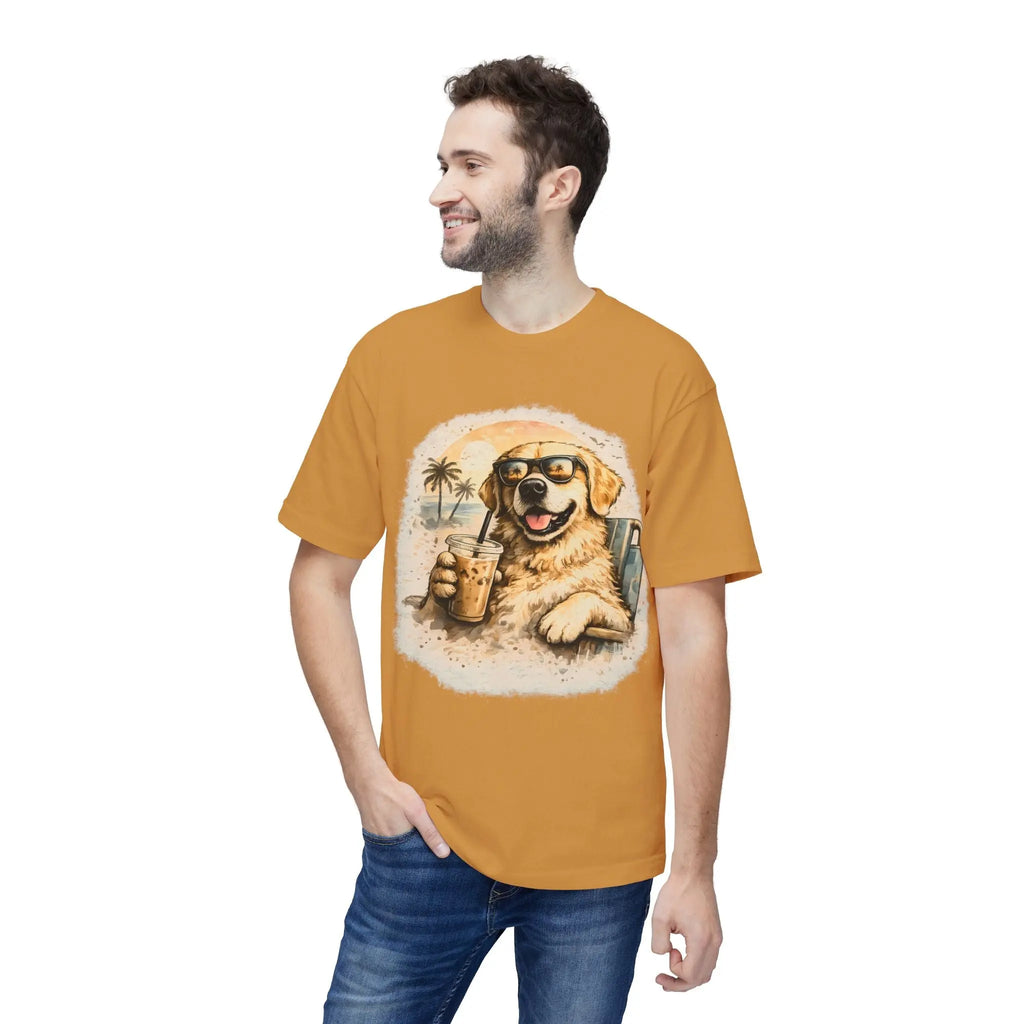 Golden Retriever Beach T-Shirt — Dog with Sunglasses & Drink Printify