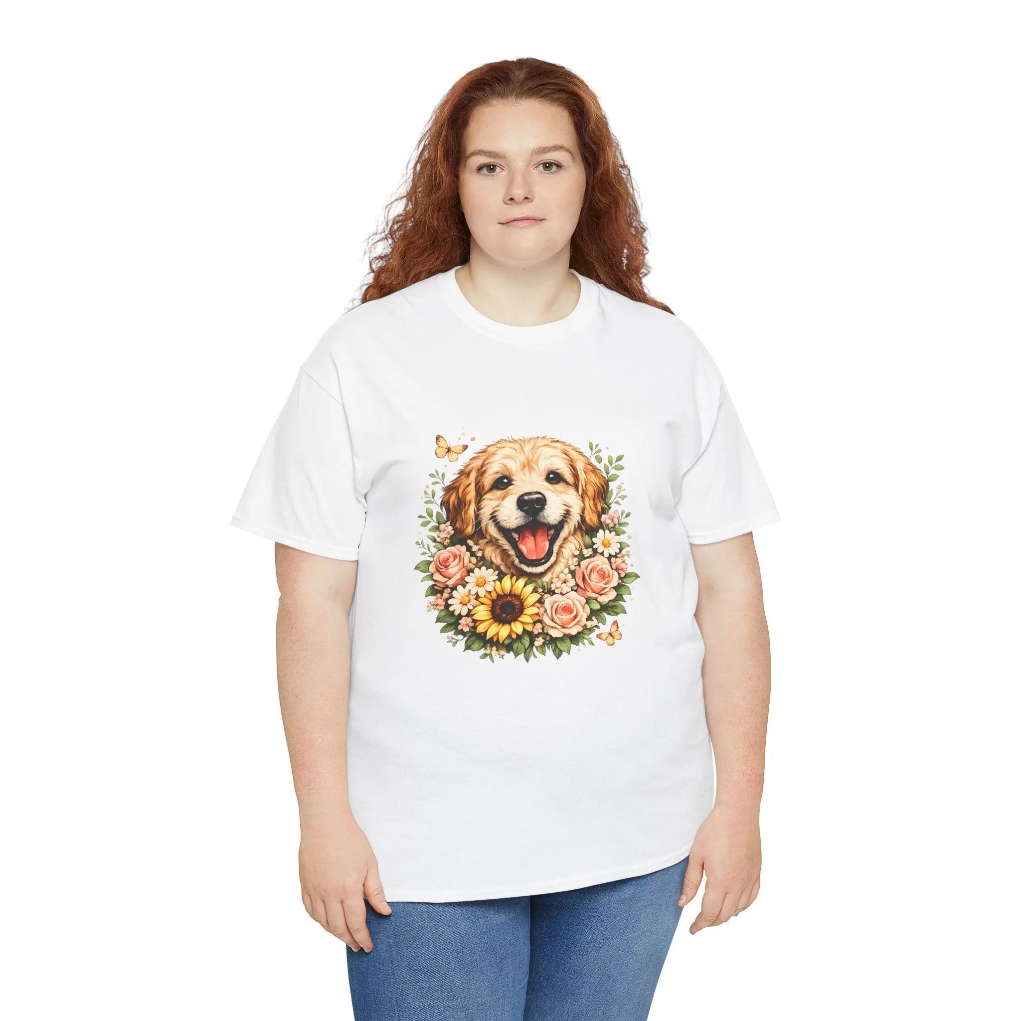 Golden Retriever Floral Tee — Happy Dog with Sunflowers Graphic T-Shirt Printify