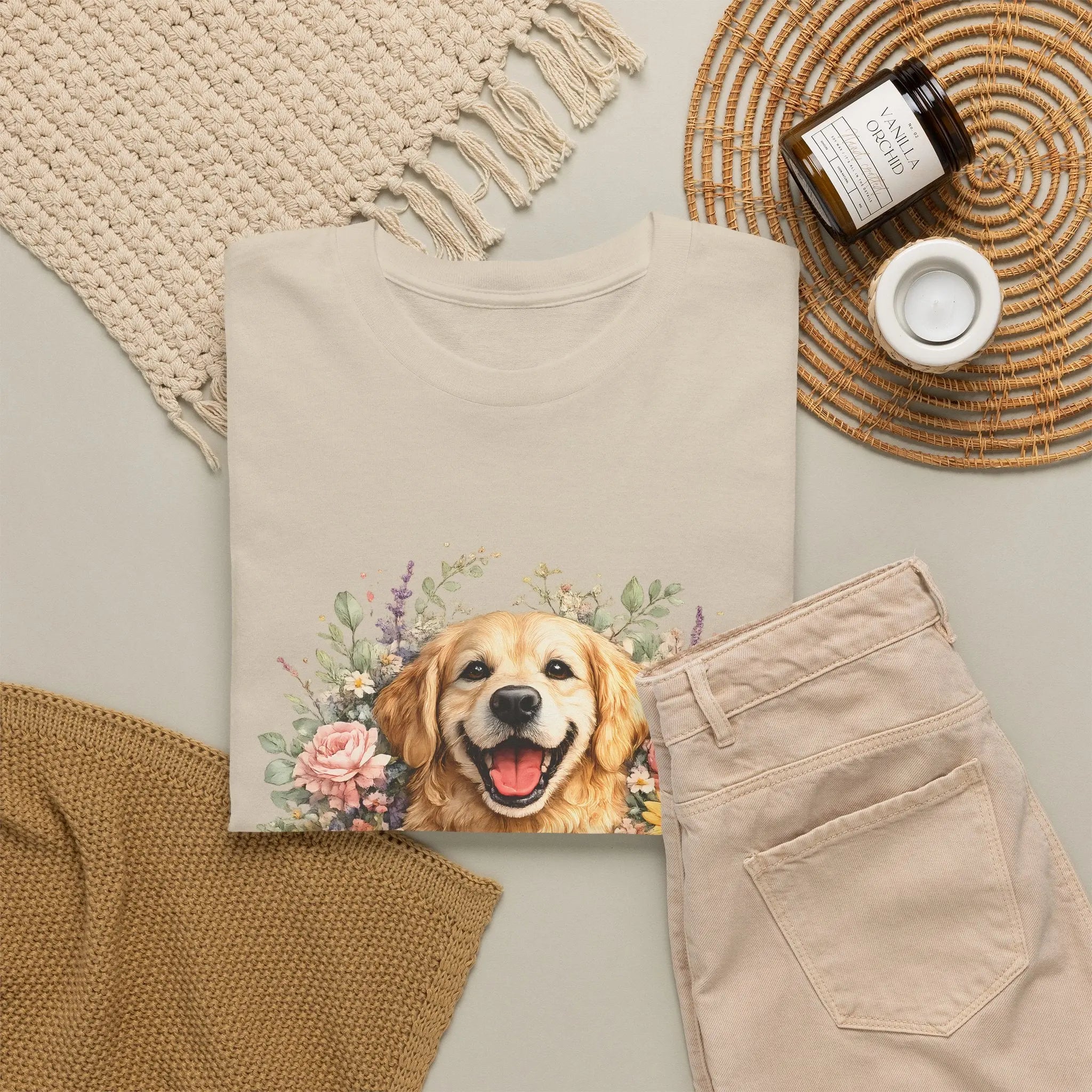 Golden Retriever Floral Tee — Happy Dog with Sunflowers & Roses Printify