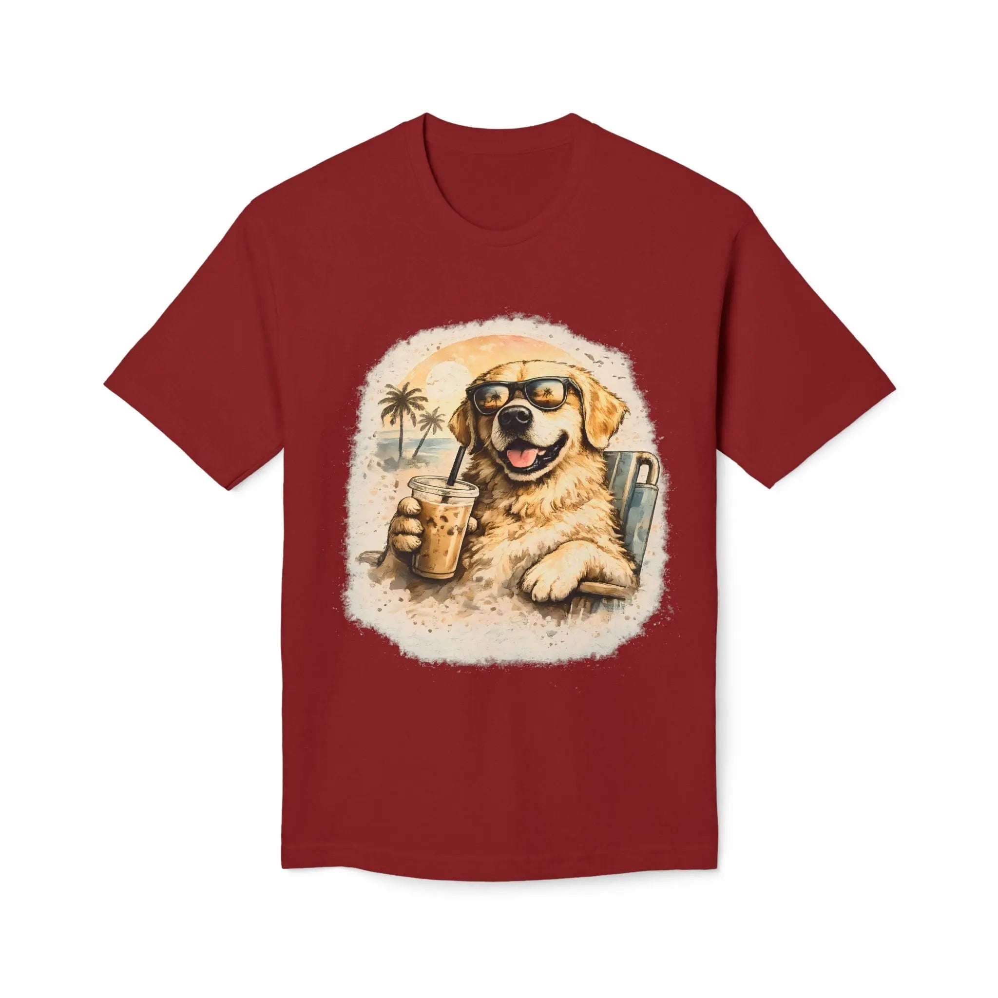 Golden Retriever Beach T-Shirt — Dog with Sunglasses & Drink Printify