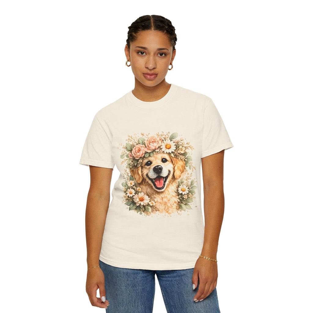 Golden Retriever Floral Crown T-Shirt — Cute Dog Tee for Pet Lovers Printify