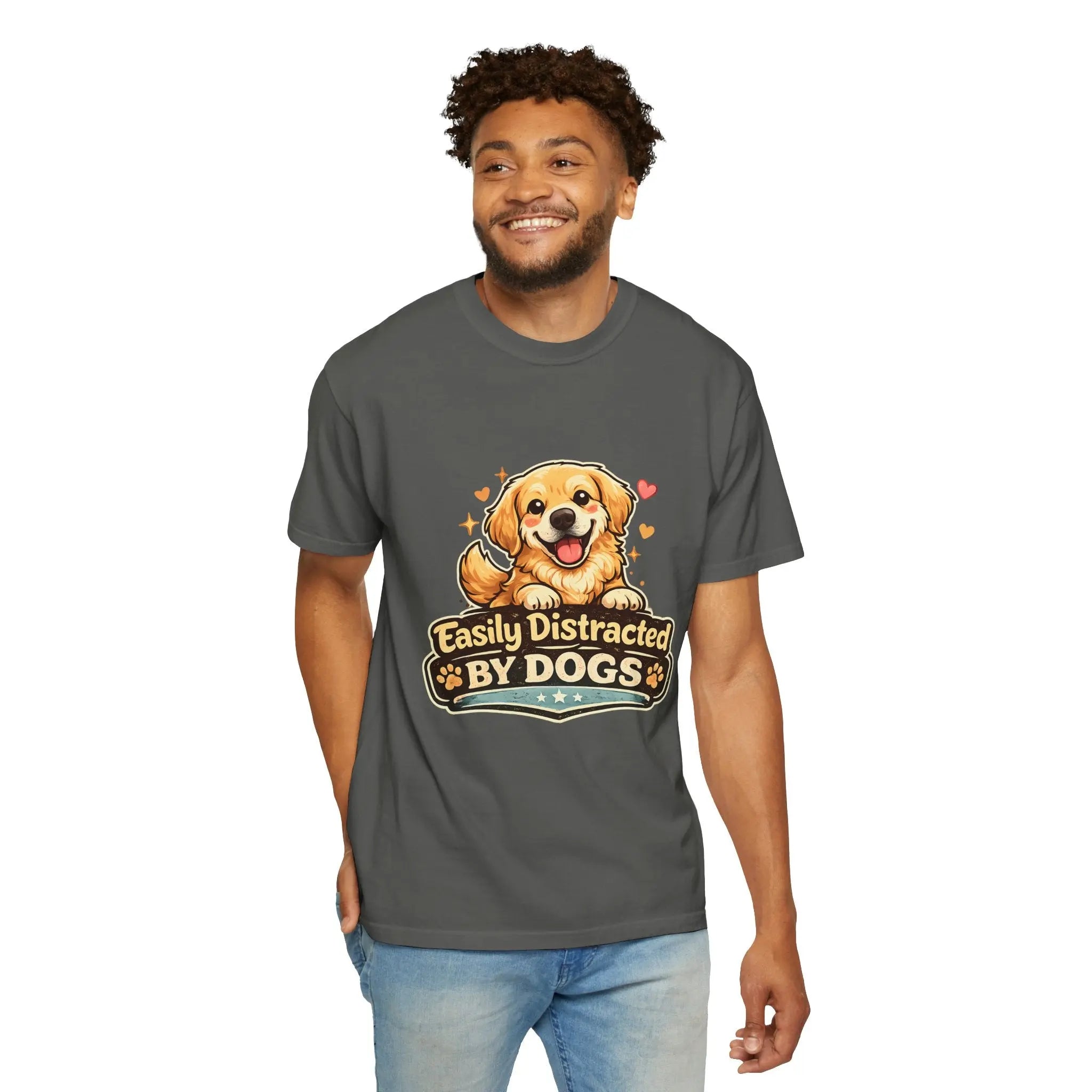 Dog Lover T-Shirt - "Easily Distracted By Dogs" Cute Golden Retriever Tee