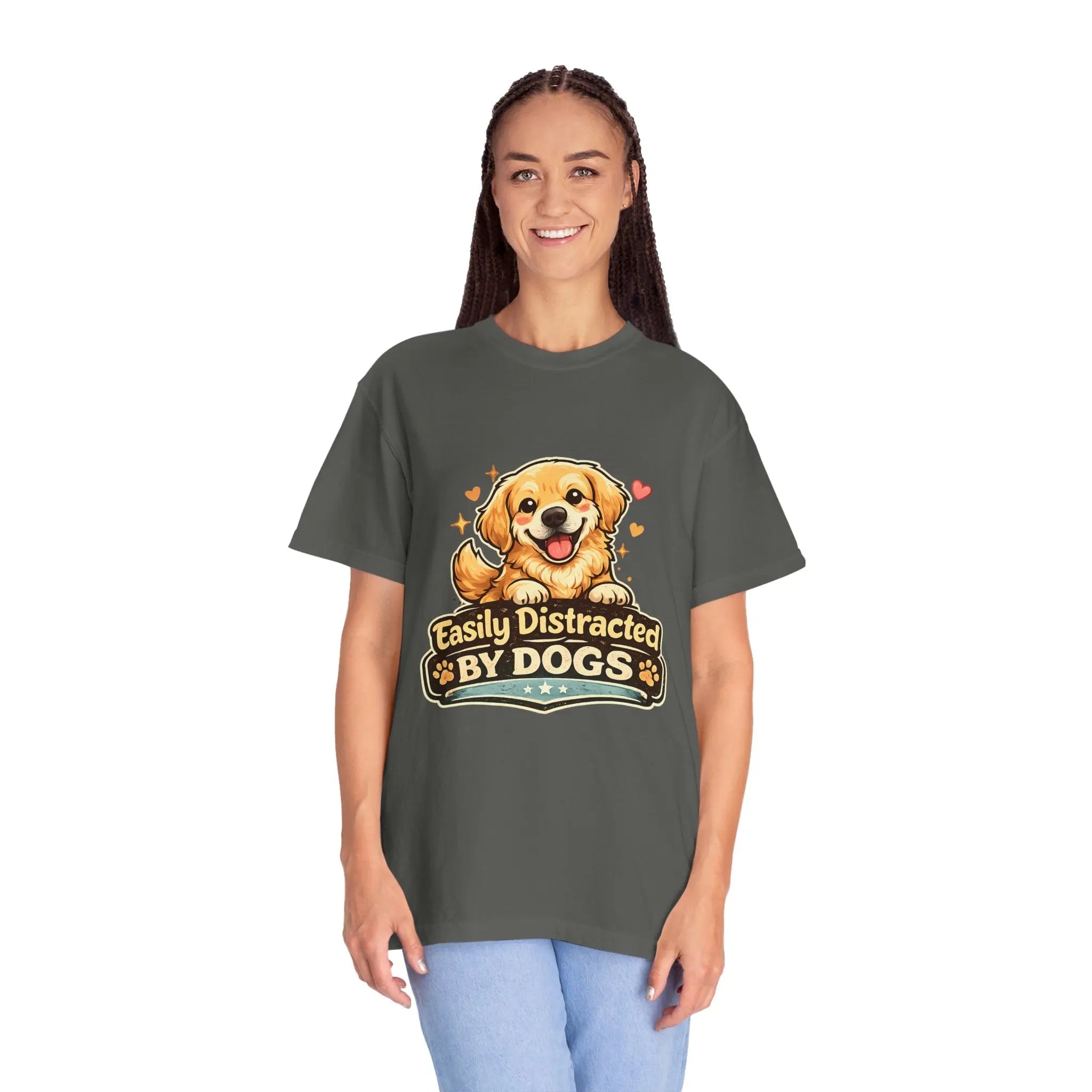 Dog Lover T-Shirt - "Easily Distracted By Dogs" Cute Golden Retriever Tee