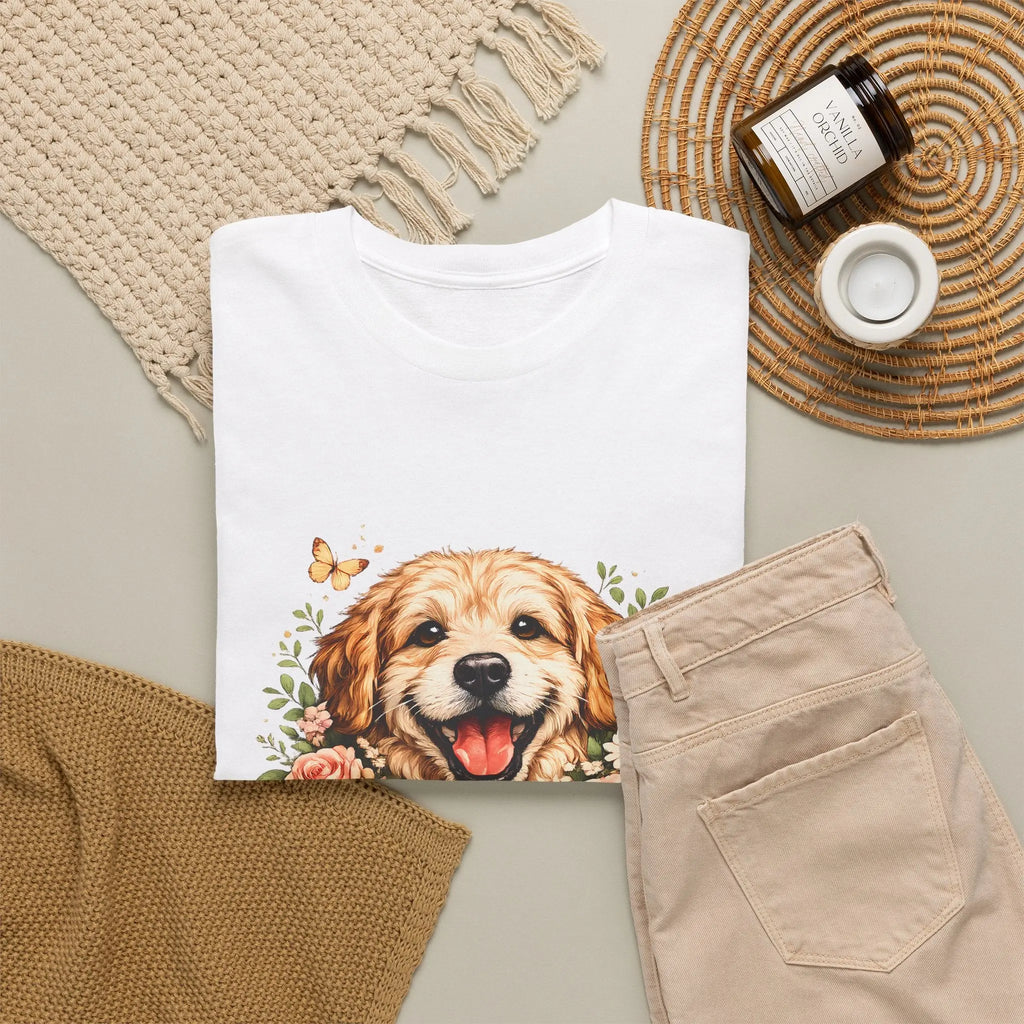 Golden Retriever Floral Tee — Happy Dog with Sunflowers Graphic T-Shirt Printify