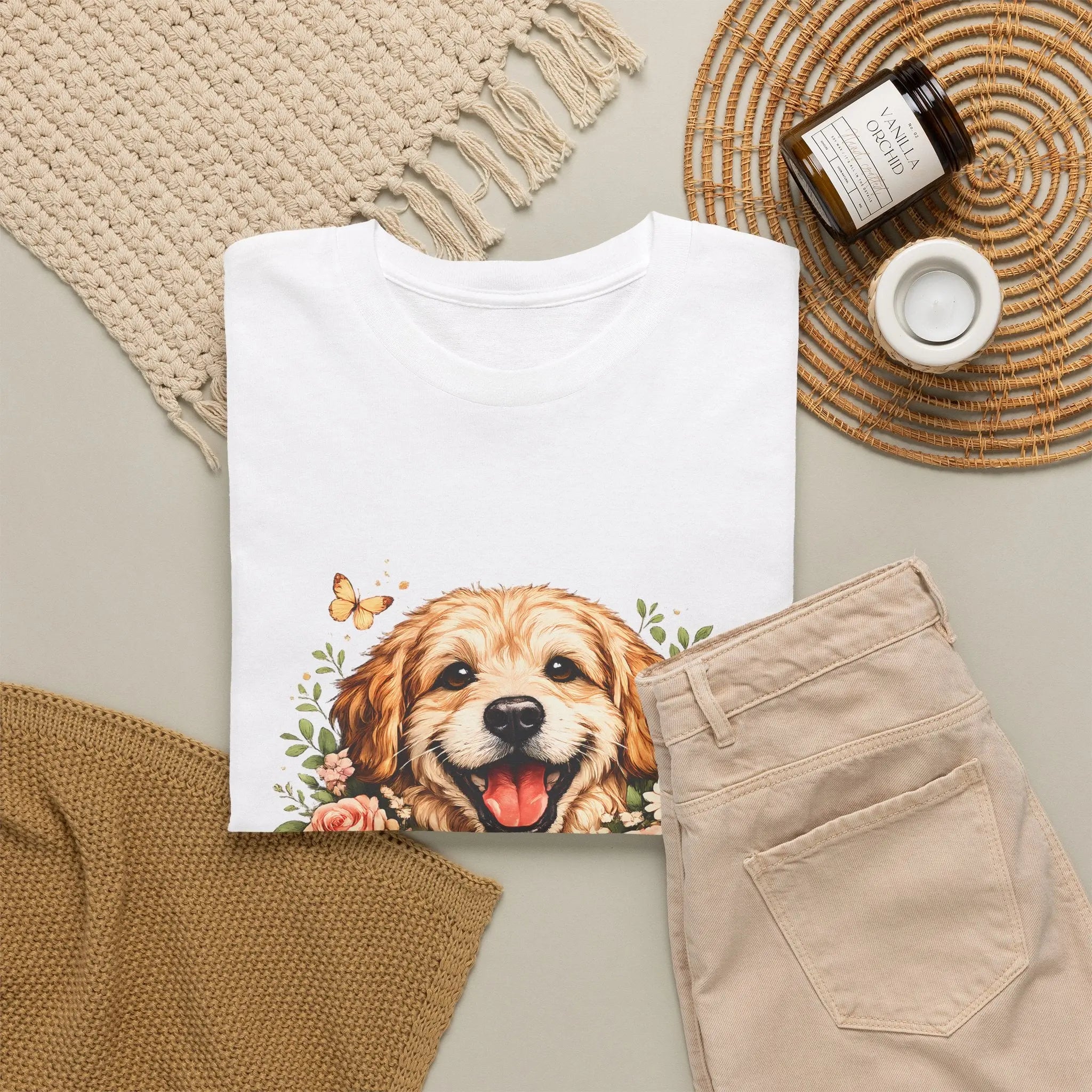 Golden Retriever Floral Tee — Happy Dog with Sunflowers Graphic T-Shirt Printify