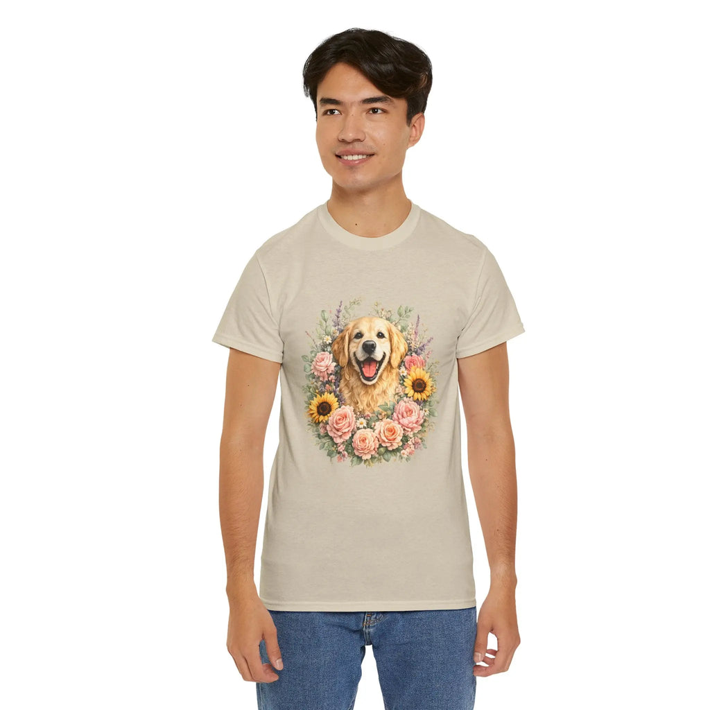 Golden Retriever Floral Tee — Happy Dog with Sunflowers & Roses Printify