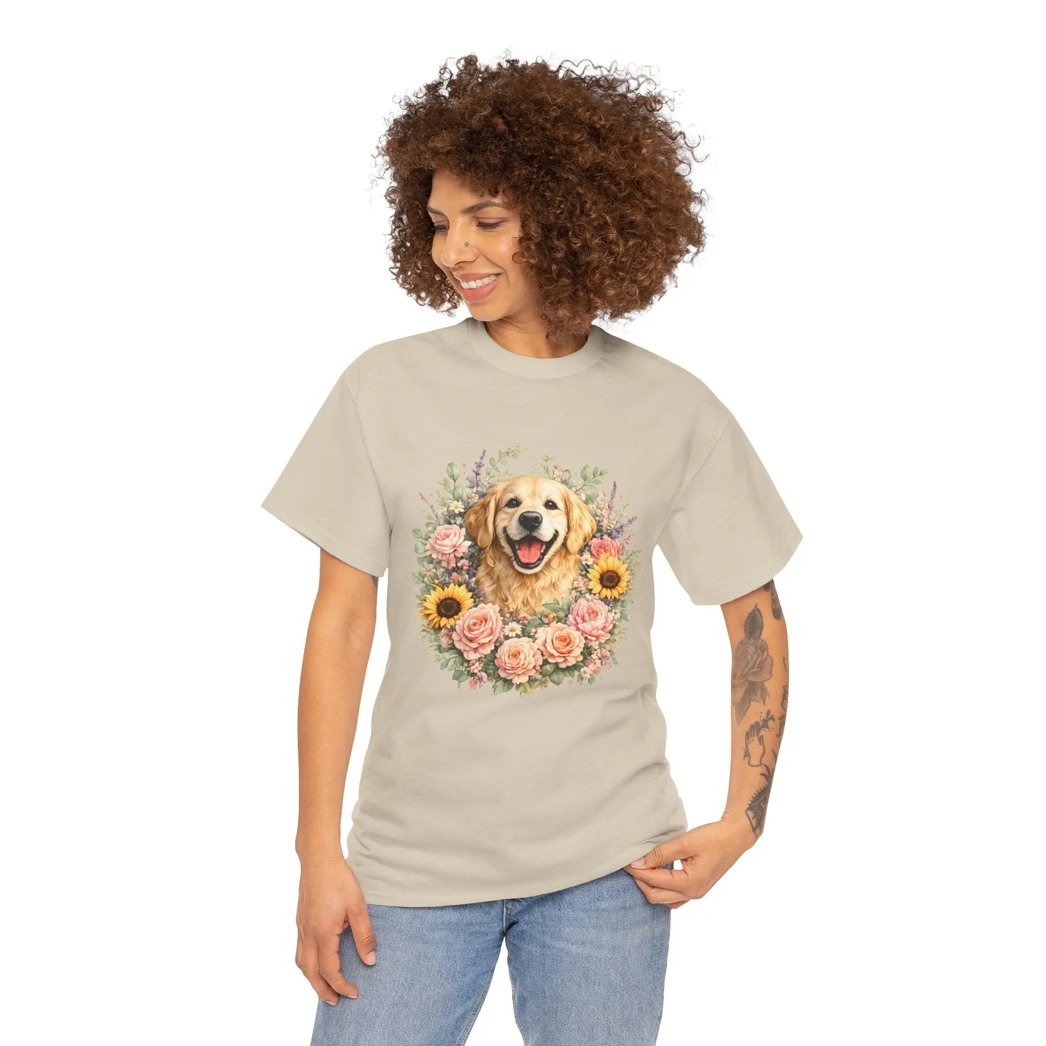 Golden Retriever Floral Tee — Happy Dog with Sunflowers & Roses Printify