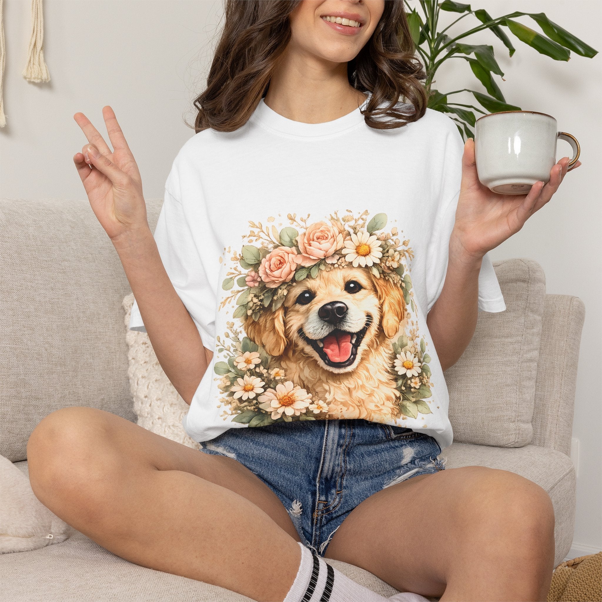 Golden Retriever Floral Crown T-Shirt — Cute Dog Tee for Pet Lovers Printify