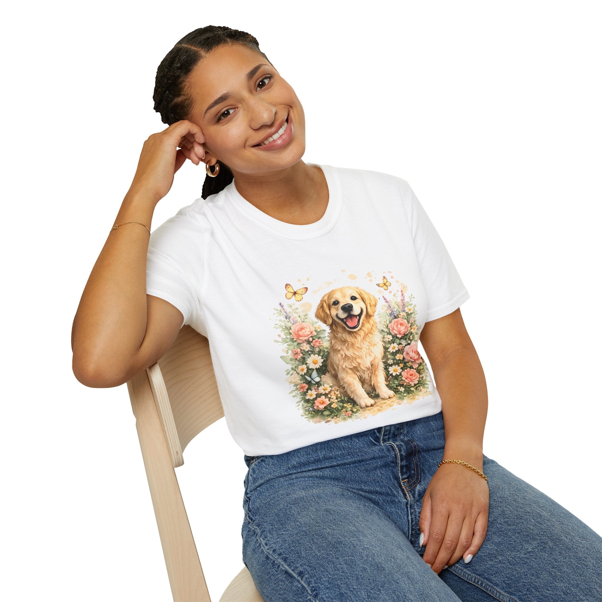 Golden Retriever Floral T-Shirt — Cute Dog with Butterflies Design Printify