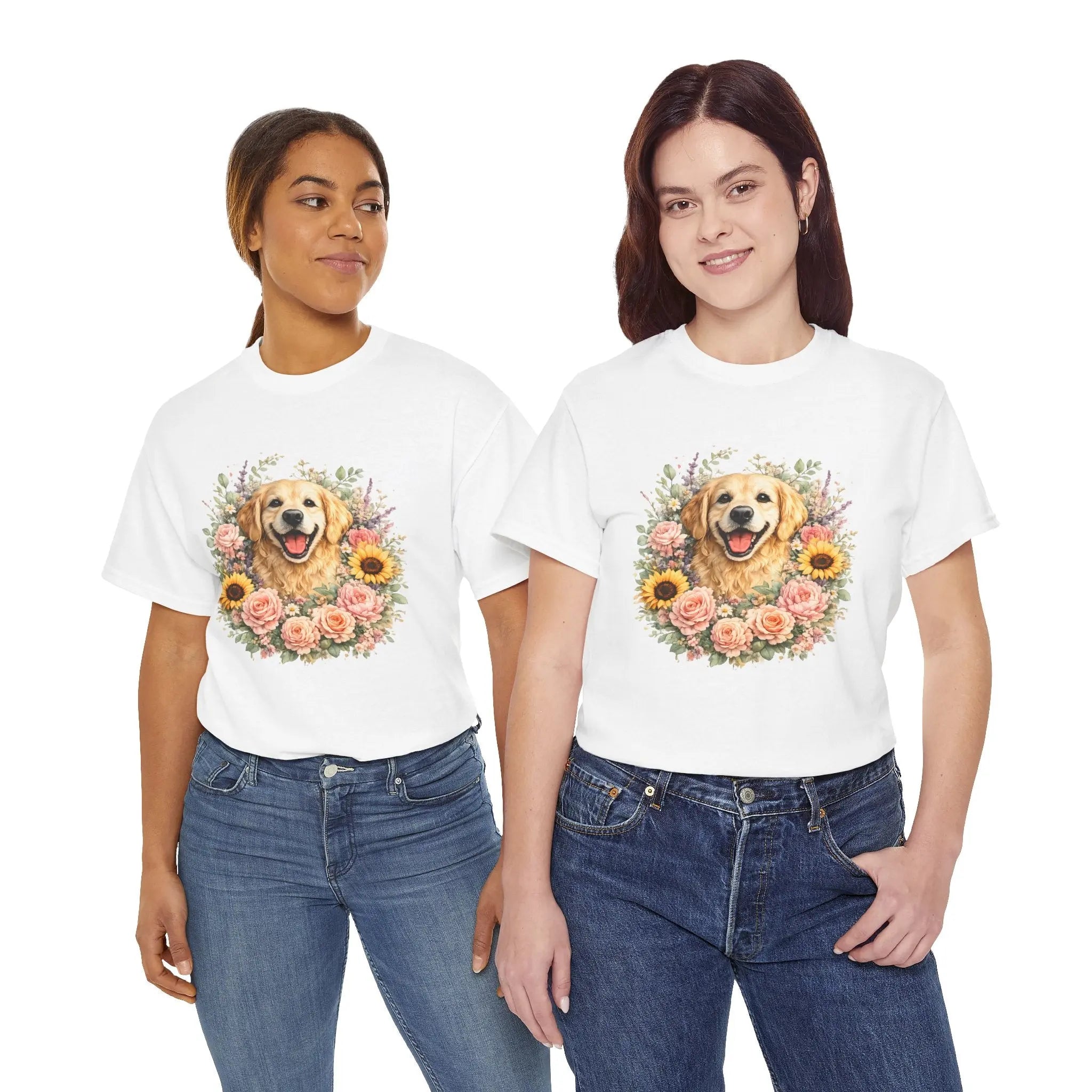 Golden Retriever Floral Tee — Happy Dog with Sunflowers & Roses Printify