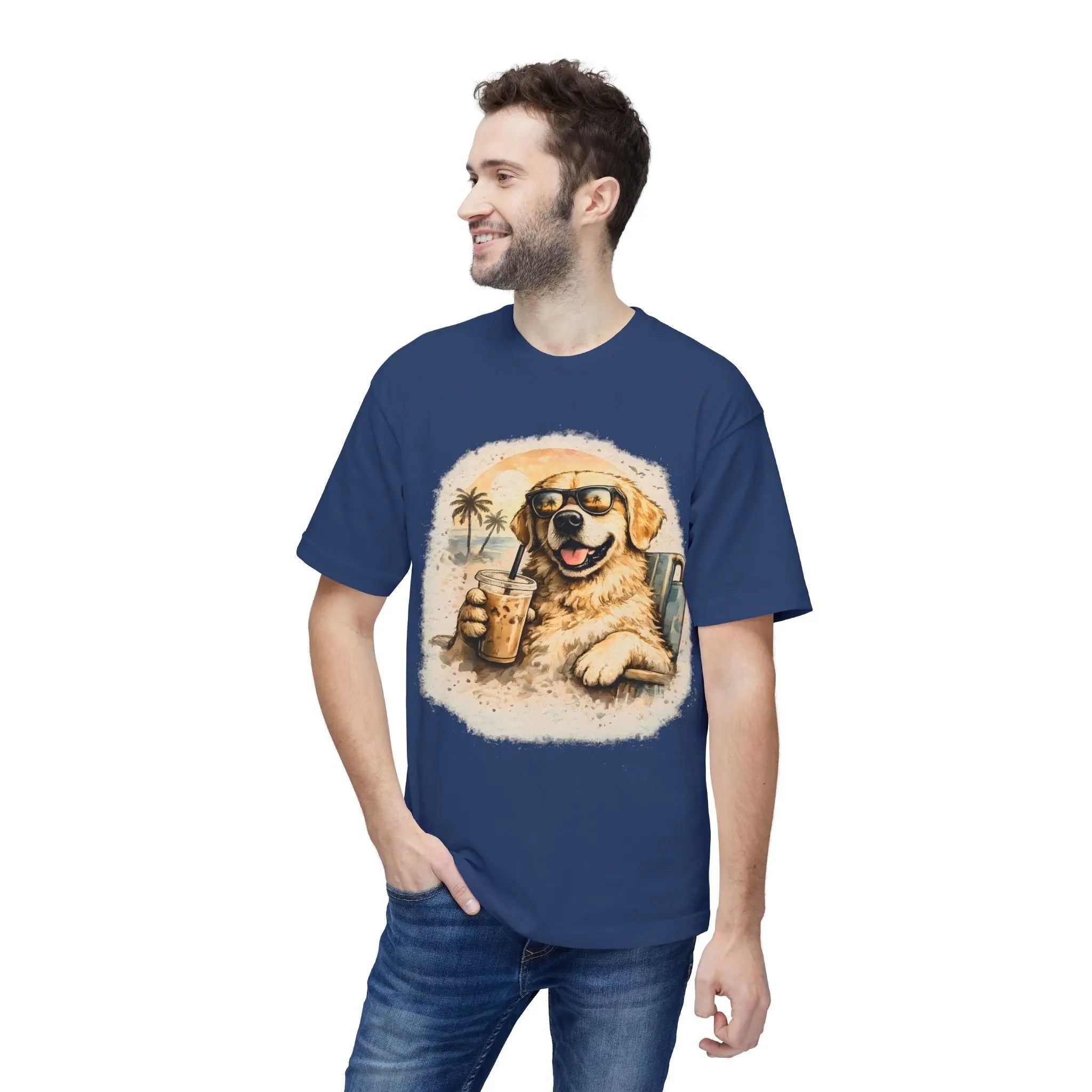 Golden Retriever Beach T-Shirt — Dog with Sunglasses & Drink Printify