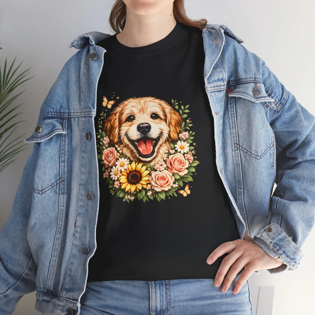 Golden Retriever Floral Tee — Happy Dog with Sunflowers Graphic T-Shirt Printify